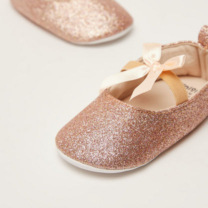 Juniors Glitter Baby Shoes with Elasticised Band and Bow Applique