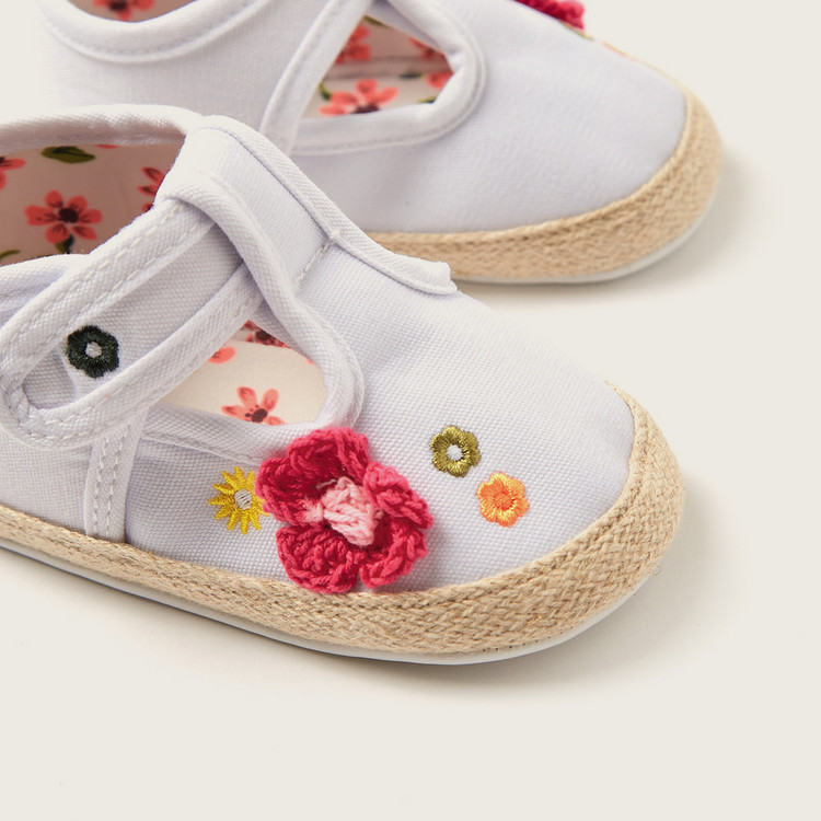 Juniors Floral Embroidered Booties with Hook and Loop Closure