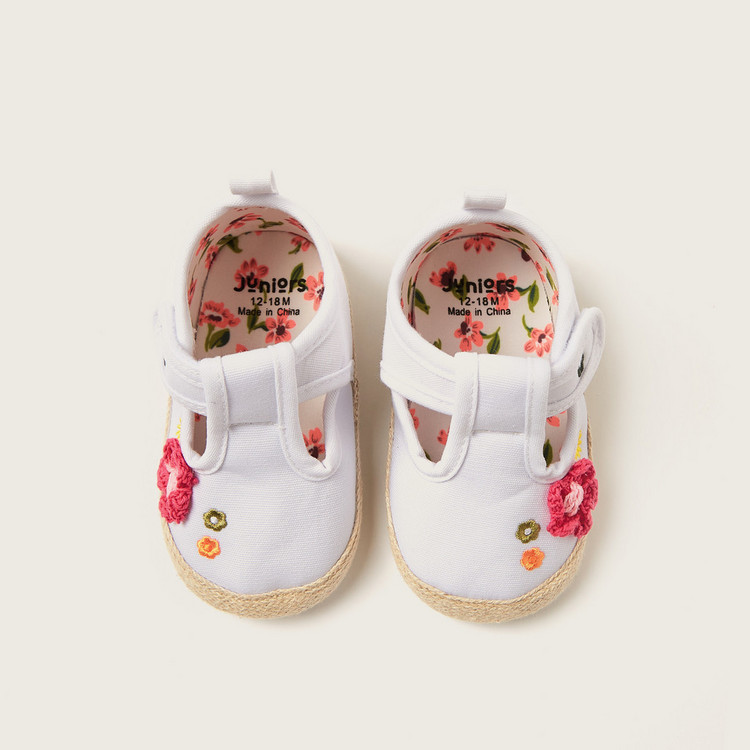 Juniors Floral Embroidered Booties with Hook and Loop Closure
