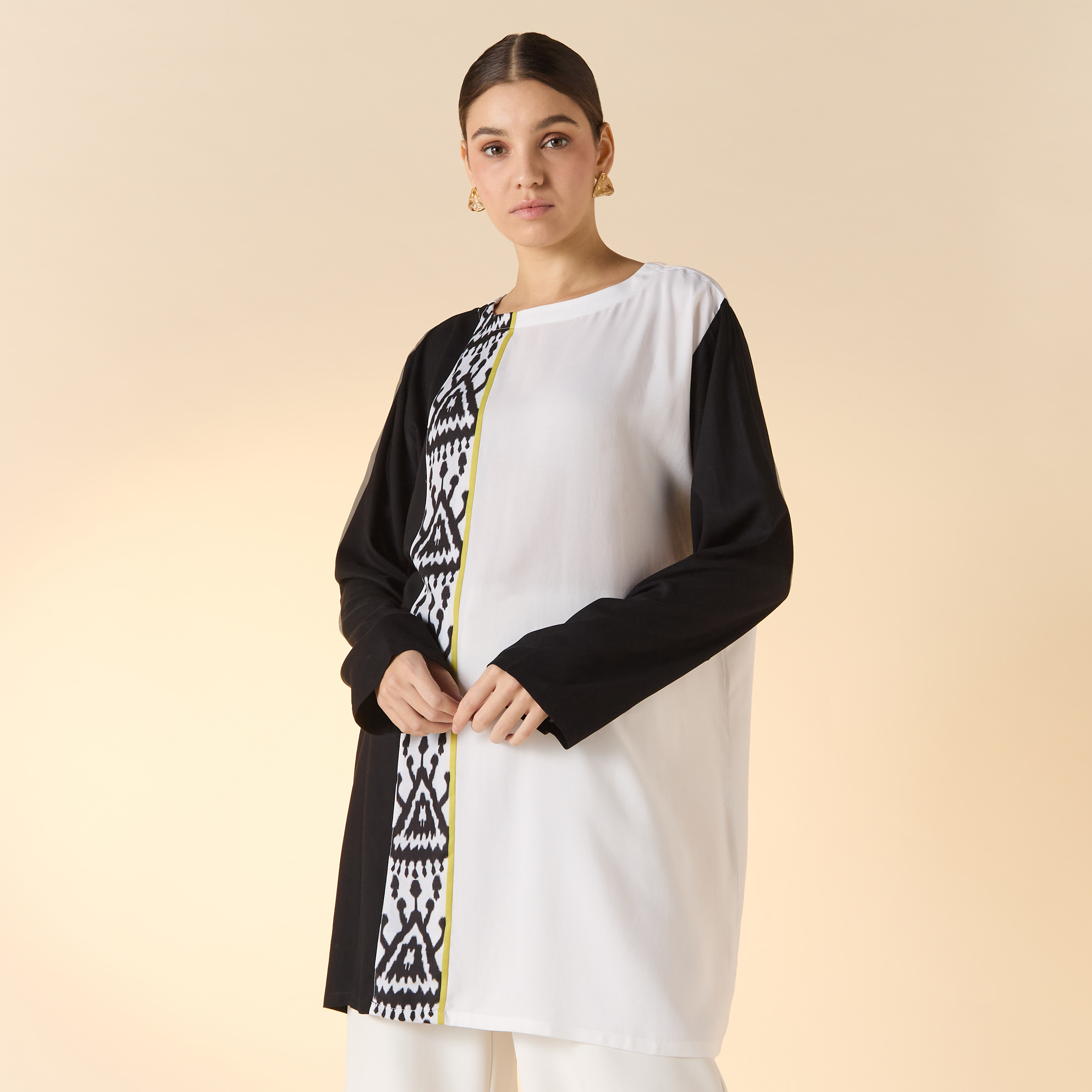 FYOR Panelled Round Neck Top with Long Sleeves-women-clothing-dresses-image-1