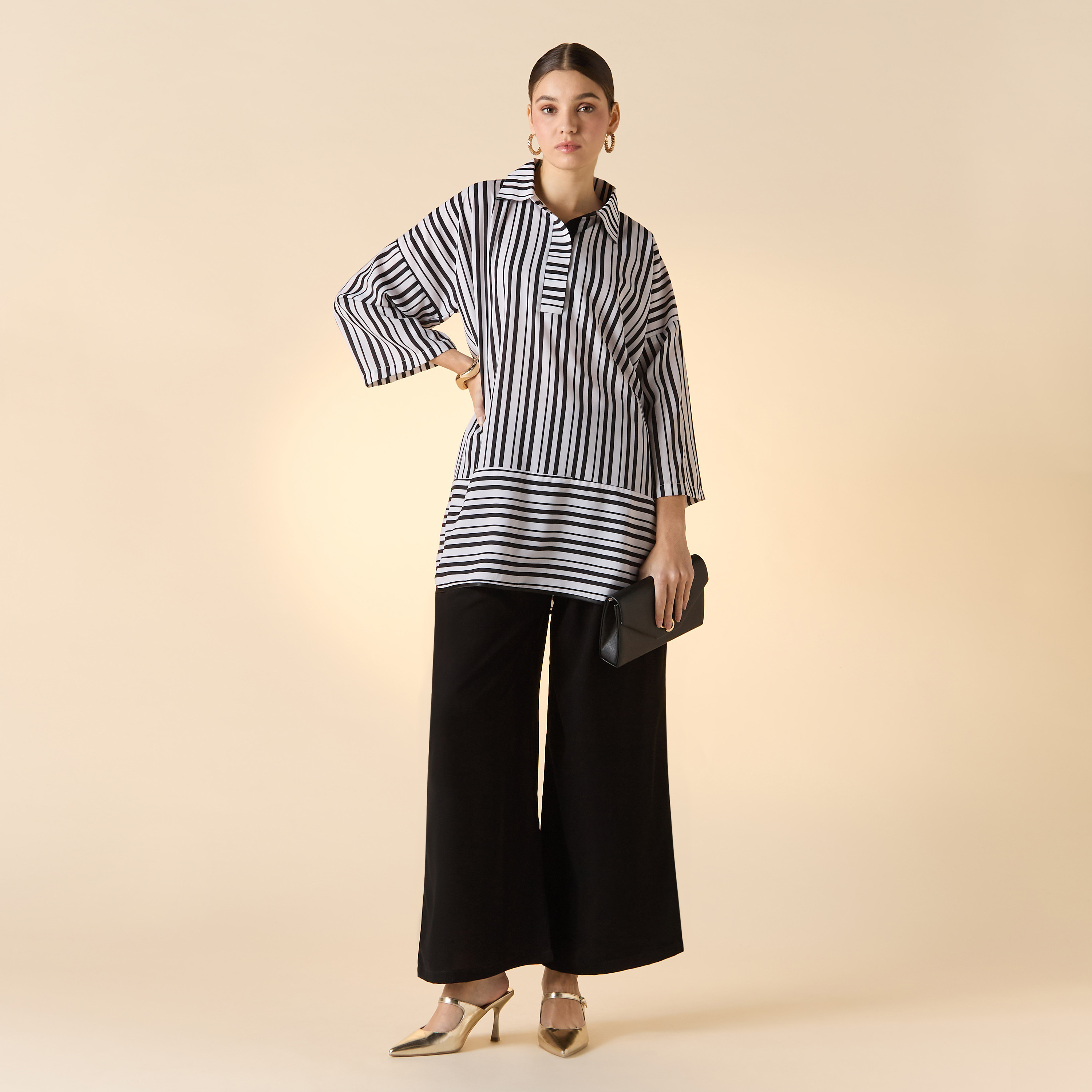 بلوزة مخططة بياقة عادية وأكمام طويلة من فيور-women-clothing-coordsets-image-1