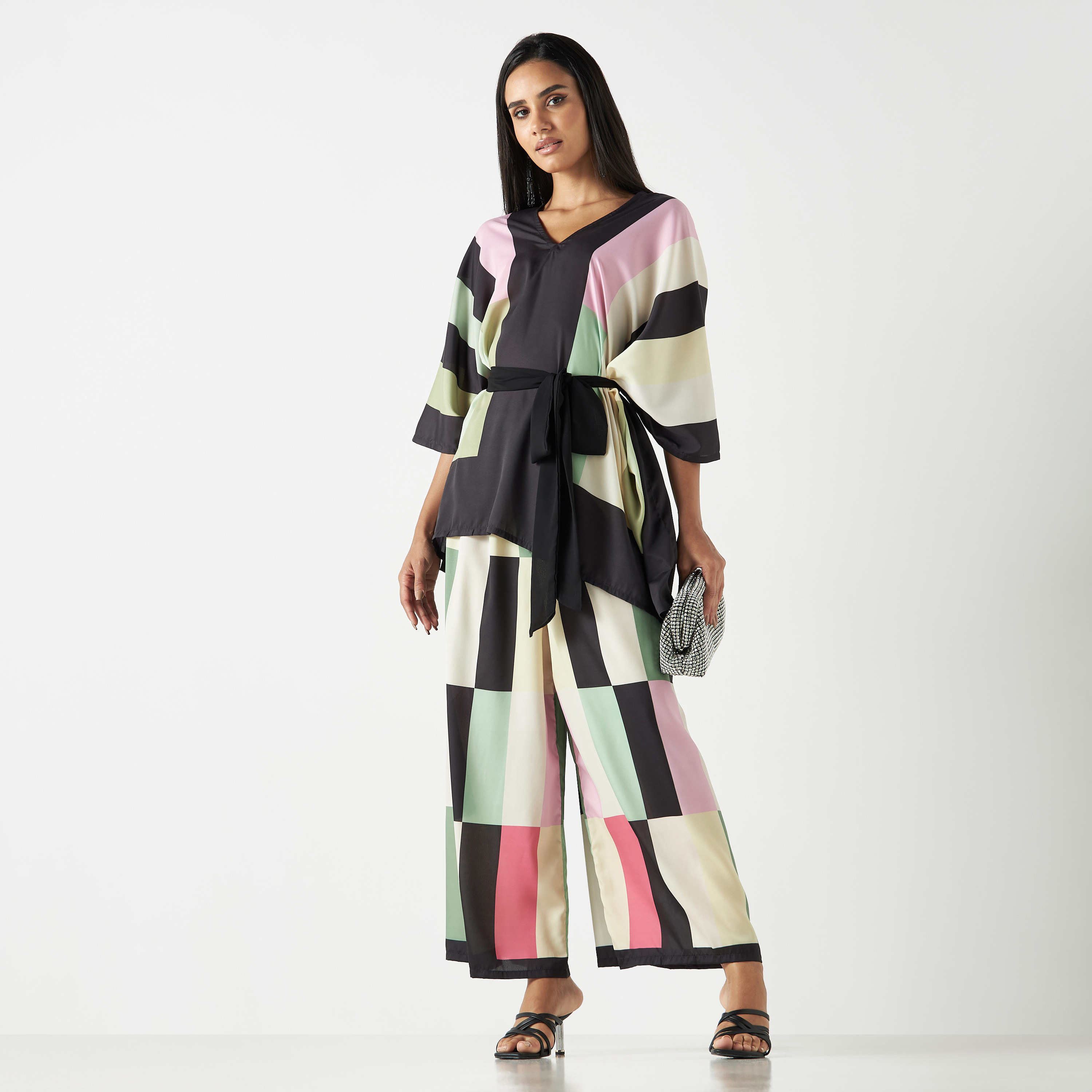 FYOR Printed V-Neck Three-Quarter Sleeves Kaftan Top and Wide Leg Pants-women-clothing-coordsets-image-1