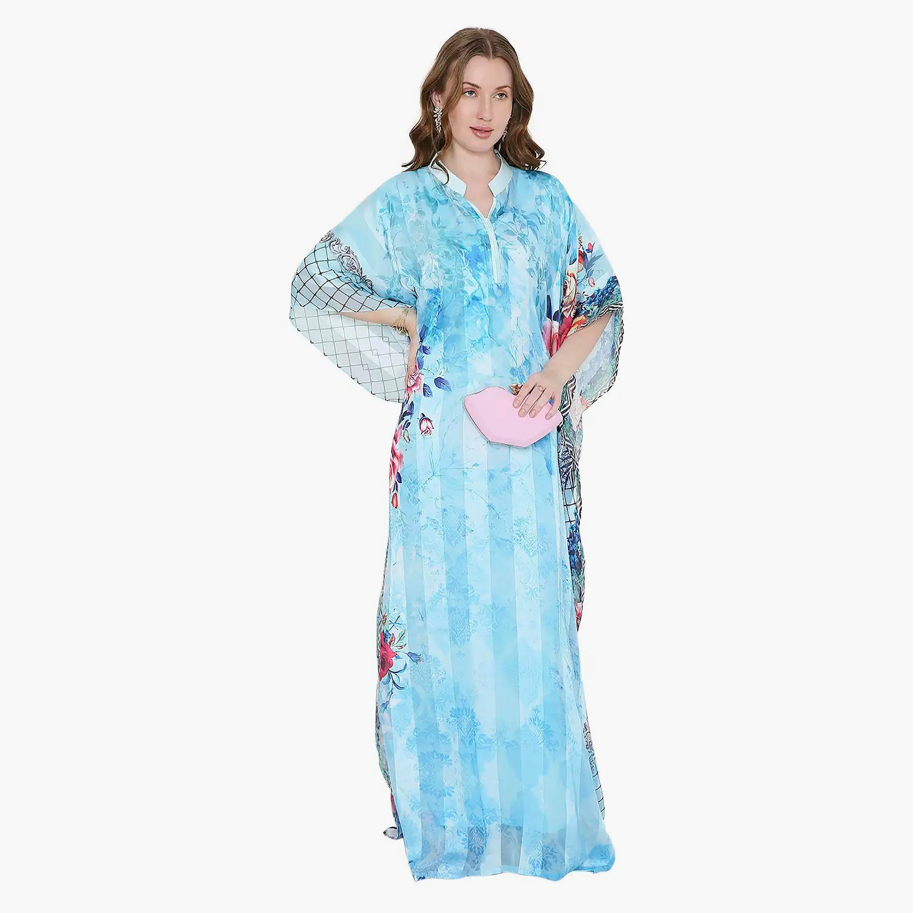 قفطان احتفالي نسائي مطبوع بياقة وأكمام واسعة من تصميم من هانا آند سارة-women-arabicclothing-jalabiyas-image-1