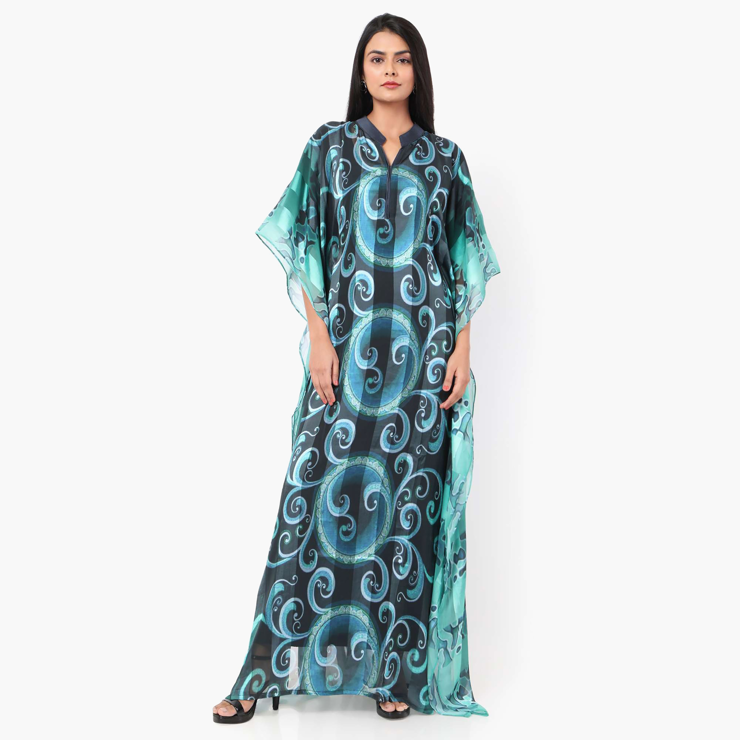 قفطان احتفالي نسائي مطبوع بياقة وأكمام واسعة من تصميم من هانا آند سارة-women-arabicclothing-jalabiyas-image-1