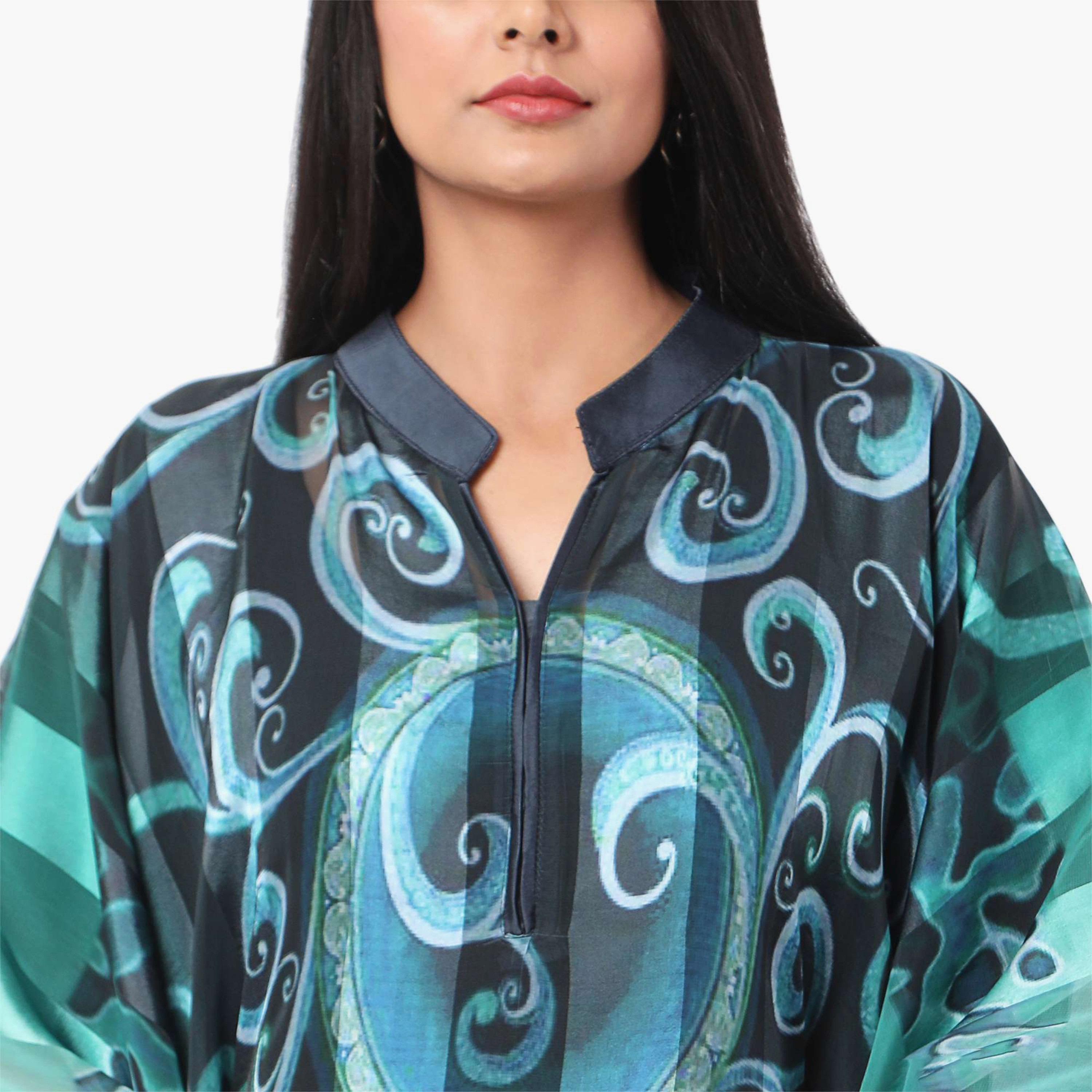 Hana & Sara Printed Collared Neck Flared Sleeves Women's Festive Kaftaan-women-arabicclothing-jalabiyas-image-2