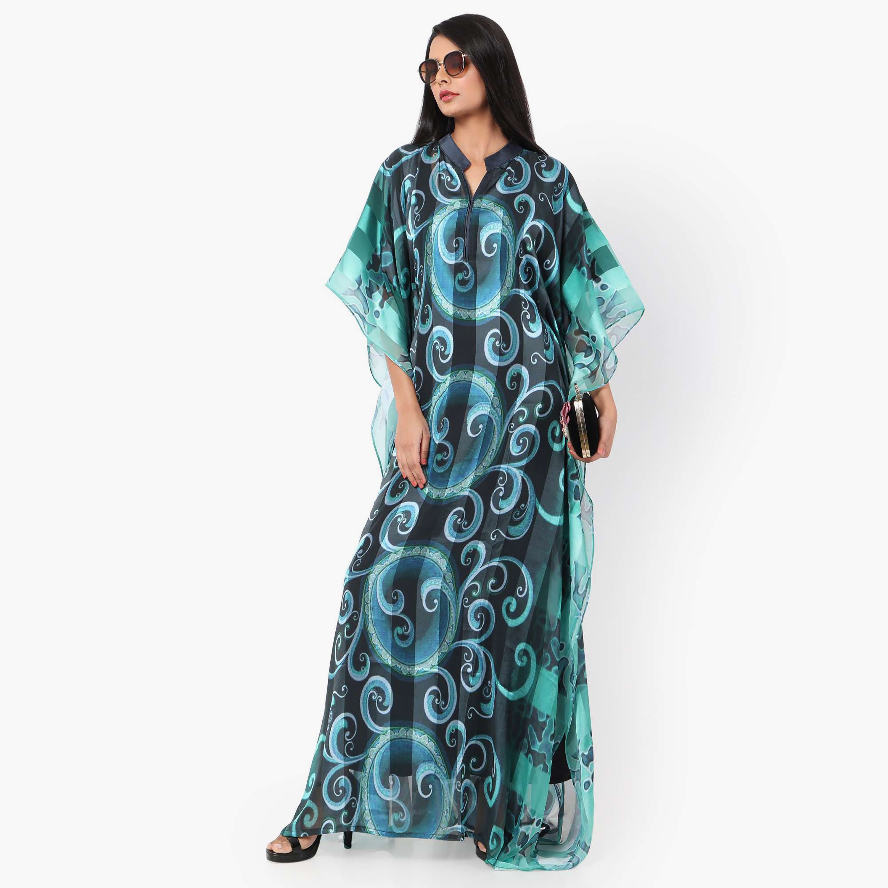 Hana & Sara Printed Collared Neck Flared Sleeves Women's Festive Kaftaan-women-arabicclothing-jalabiyas-image-3