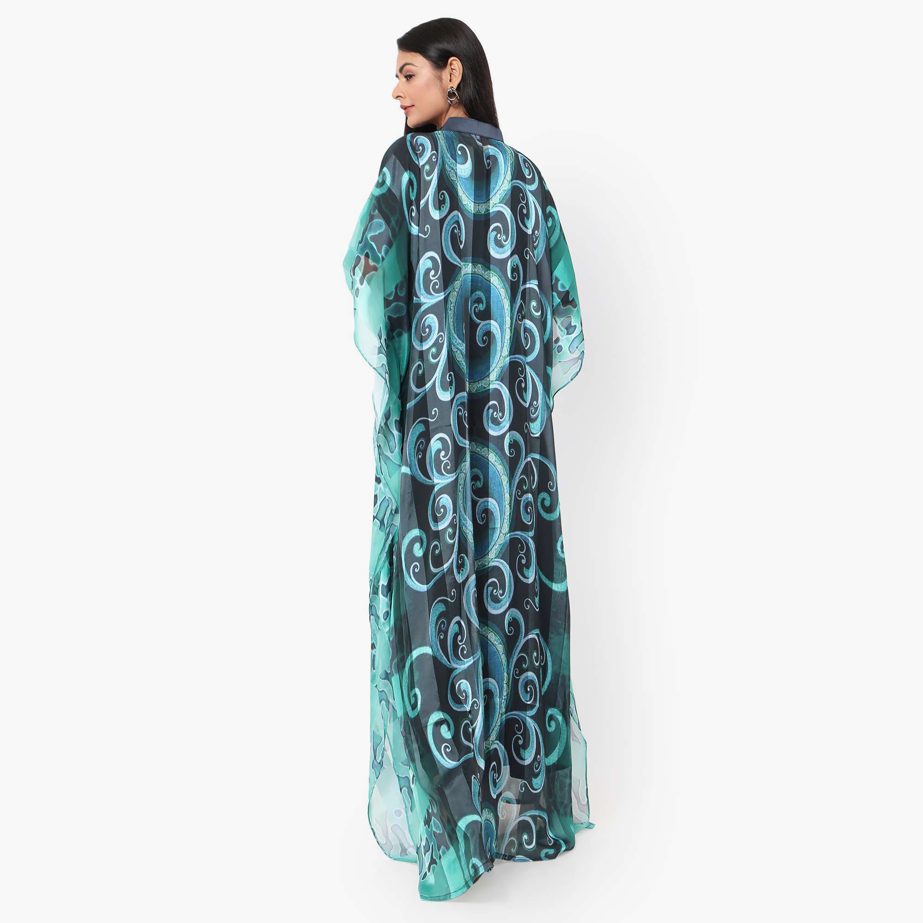 Hana & Sara Printed Collared Neck Flared Sleeves Women's Festive Kaftaan-women-arabicclothing-jalabiyas-image-4