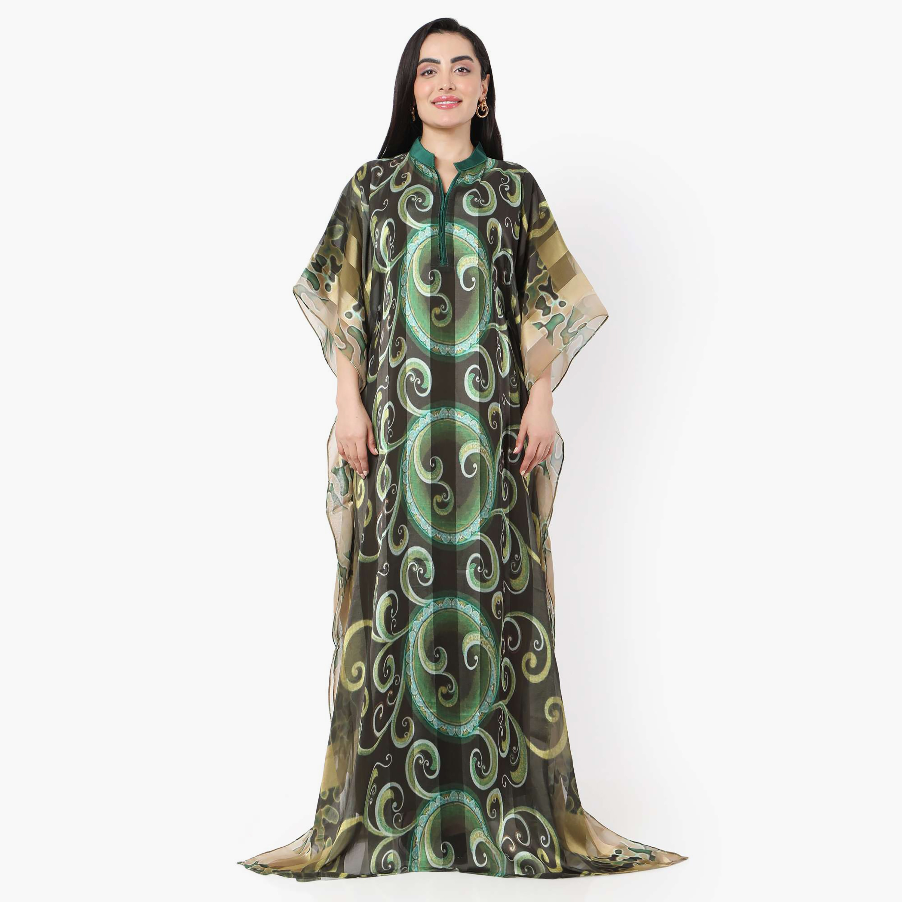 Hana & Sara Printed Collared Neck Flared Sleeves Women's Festive Kaftaan-women-arabicclothing-jalabiyas-image-5