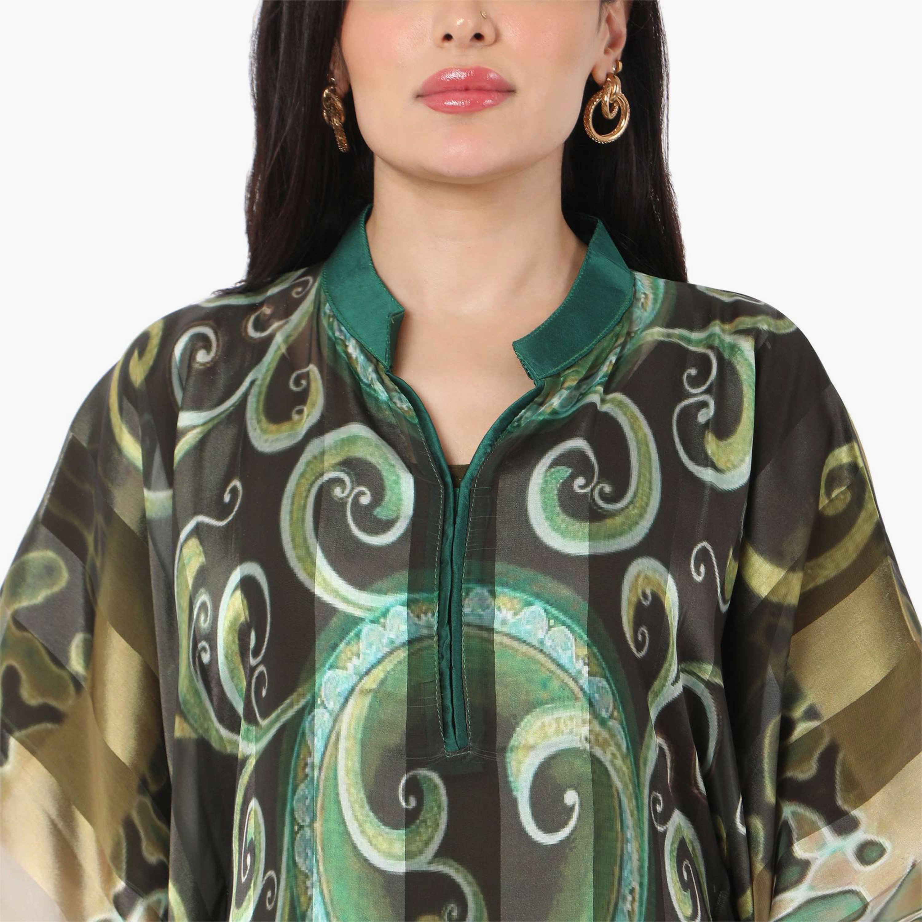 Hana & Sara Printed Collared Neck Flared Sleeves Women's Festive Kaftaan-women-arabicclothing-jalabiyas-image-6