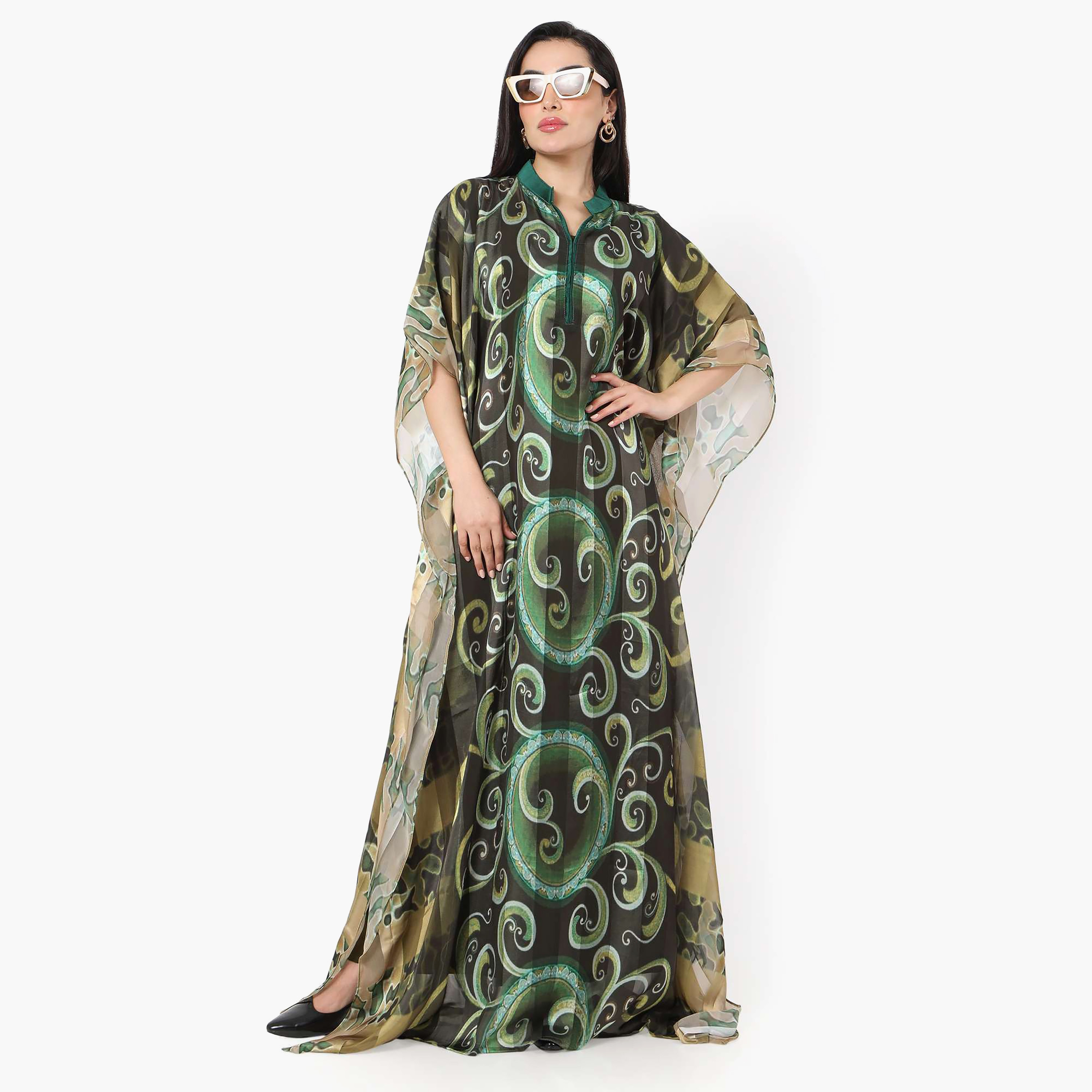 Hana & Sara Printed Collared Neck Flared Sleeves Women's Festive Kaftaan-women-arabicclothing-jalabiyas-image-7