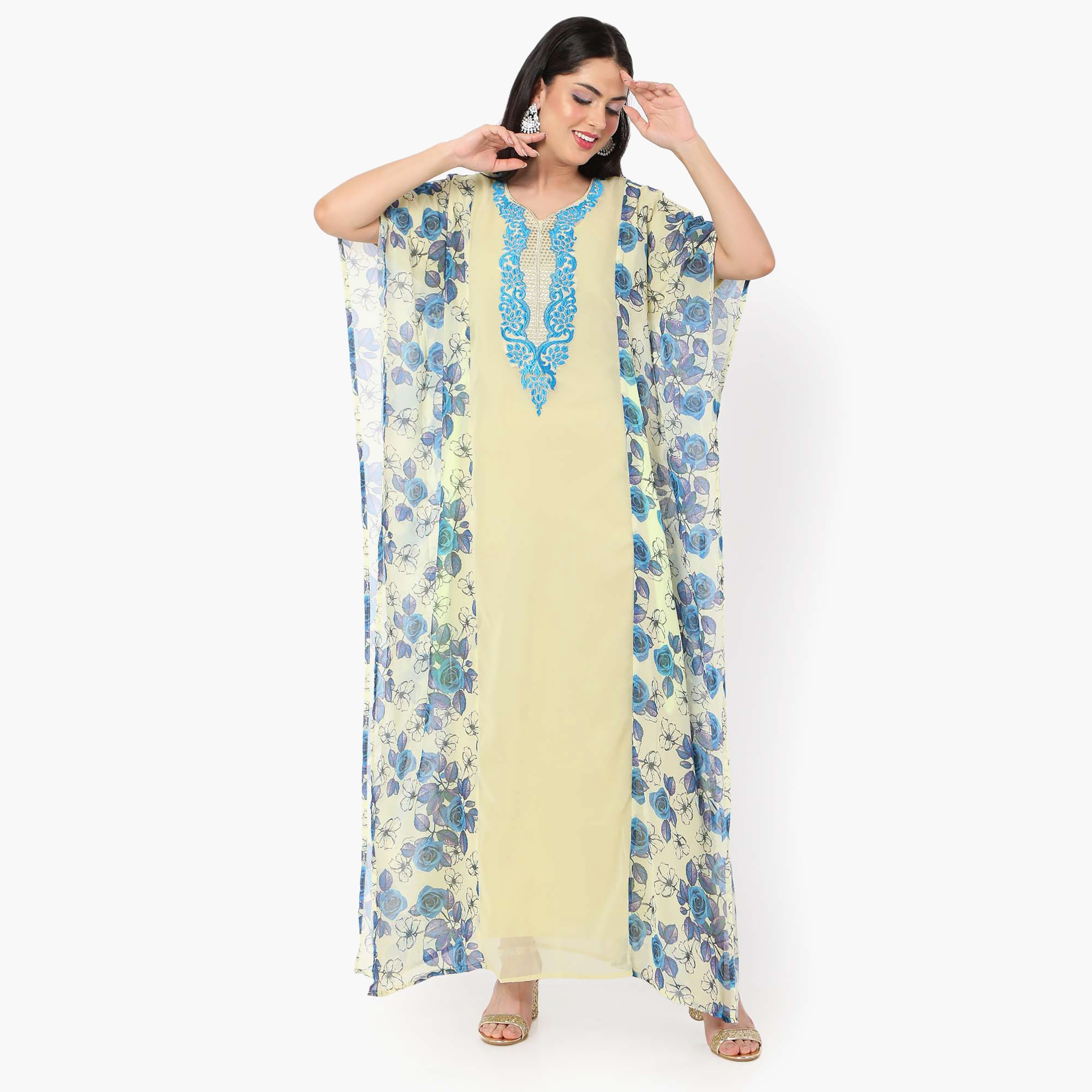 Hana & Sara Floral Embroidered Knot Neck Detail Flared Sleeves Women's Festive Kaftaan-women-arabicclothing-jalabiyas-image-3