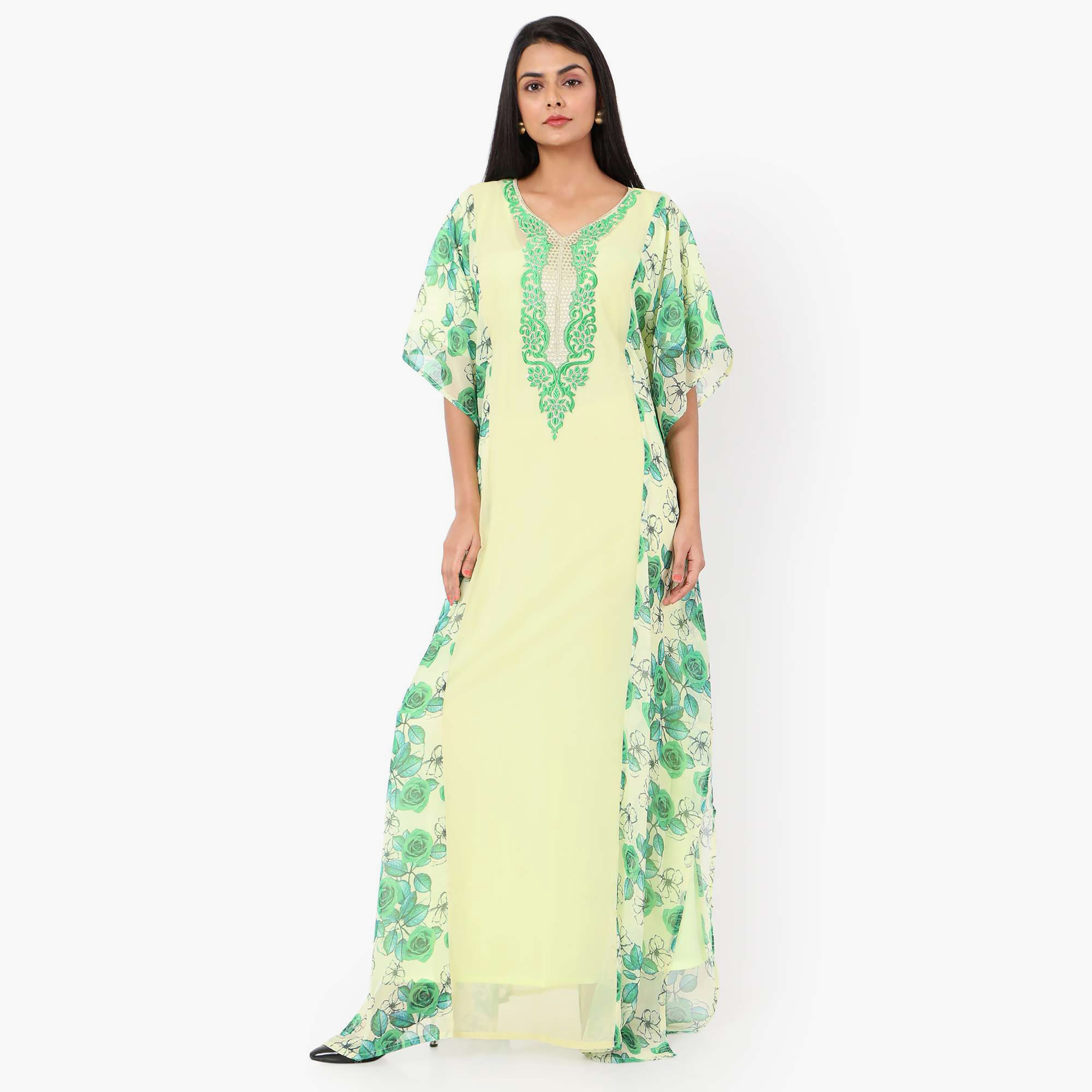 Hana & Sara Floral Embroidered Knot Neck Detail Flared Sleeves Women's Festive Kaftaan-women-arabicclothing-jalabiyas-image-5