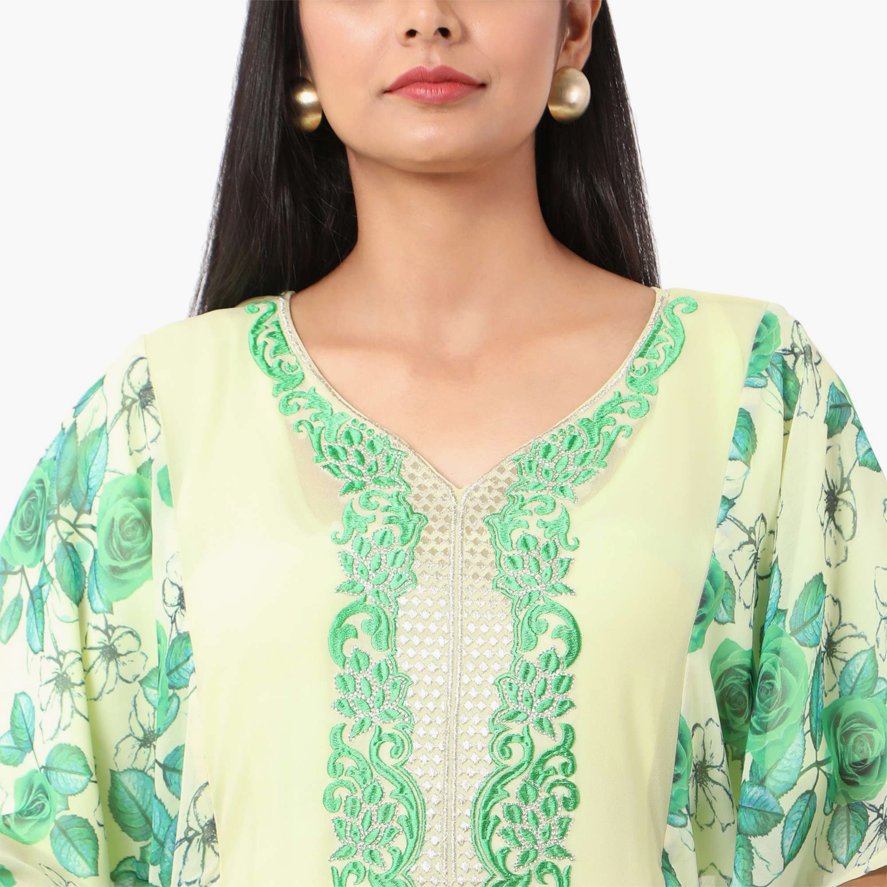 Hana & Sara Floral Embroidered Knot Neck Detail Flared Sleeves Women's Festive Kaftaan-women-arabicclothing-jalabiyas-image-6