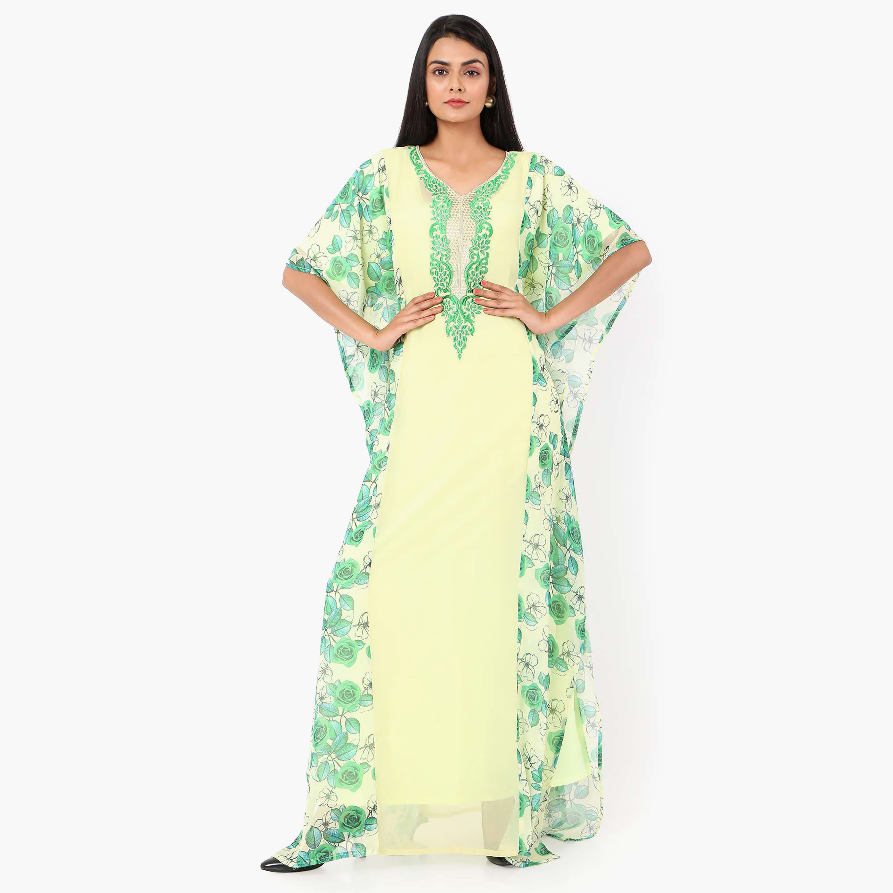 Hana & Sara Floral Embroidered Knot Neck Detail Flared Sleeves Women's Festive Kaftaan-women-arabicclothing-jalabiyas-image-7