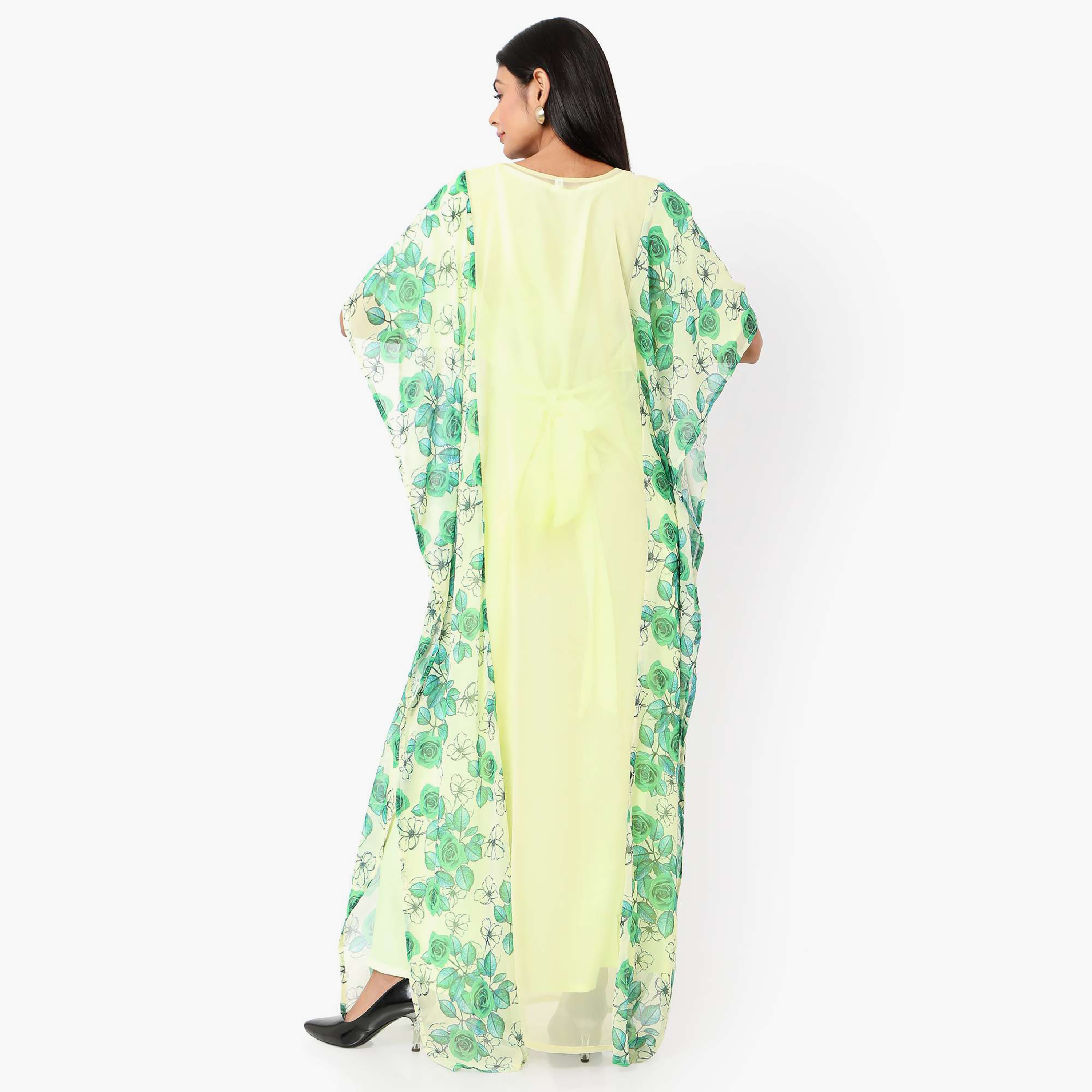 Hana & Sara Floral Embroidered Knot Neck Detail Flared Sleeves Women's Festive Kaftaan-women-arabicclothing-jalabiyas-image-8
