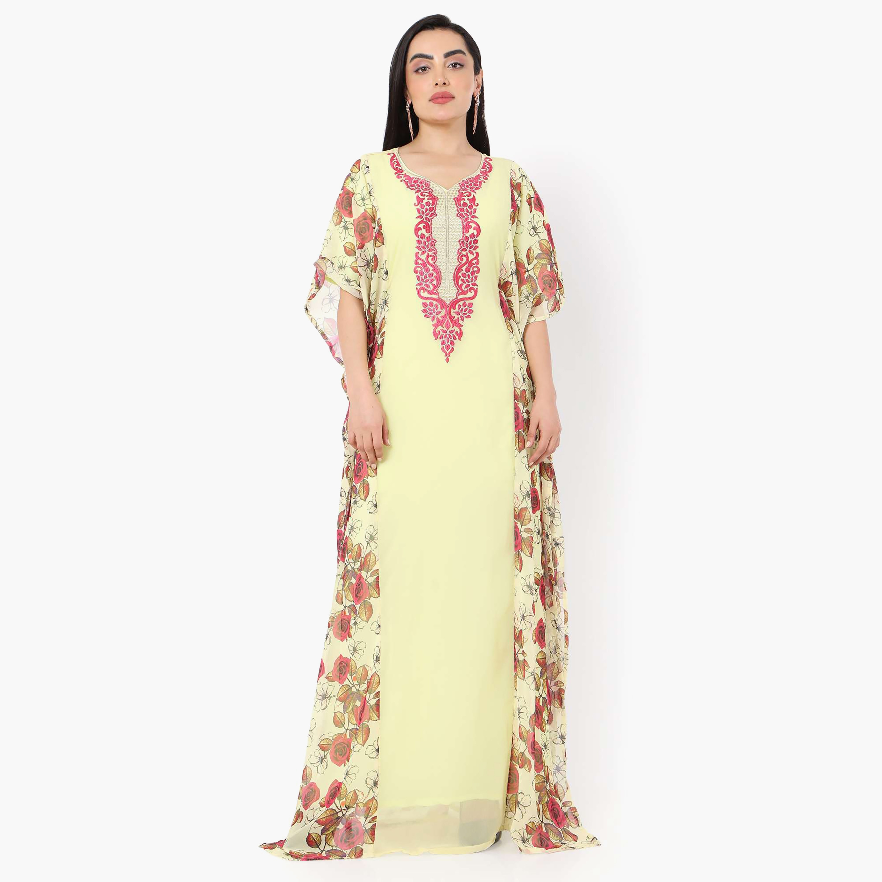 Hana & Sara Floral Embroidered Knot Neck Detail Flared Sleeves Women's Festive Kaftaan-women-arabicclothing-jalabiyas-image-9
