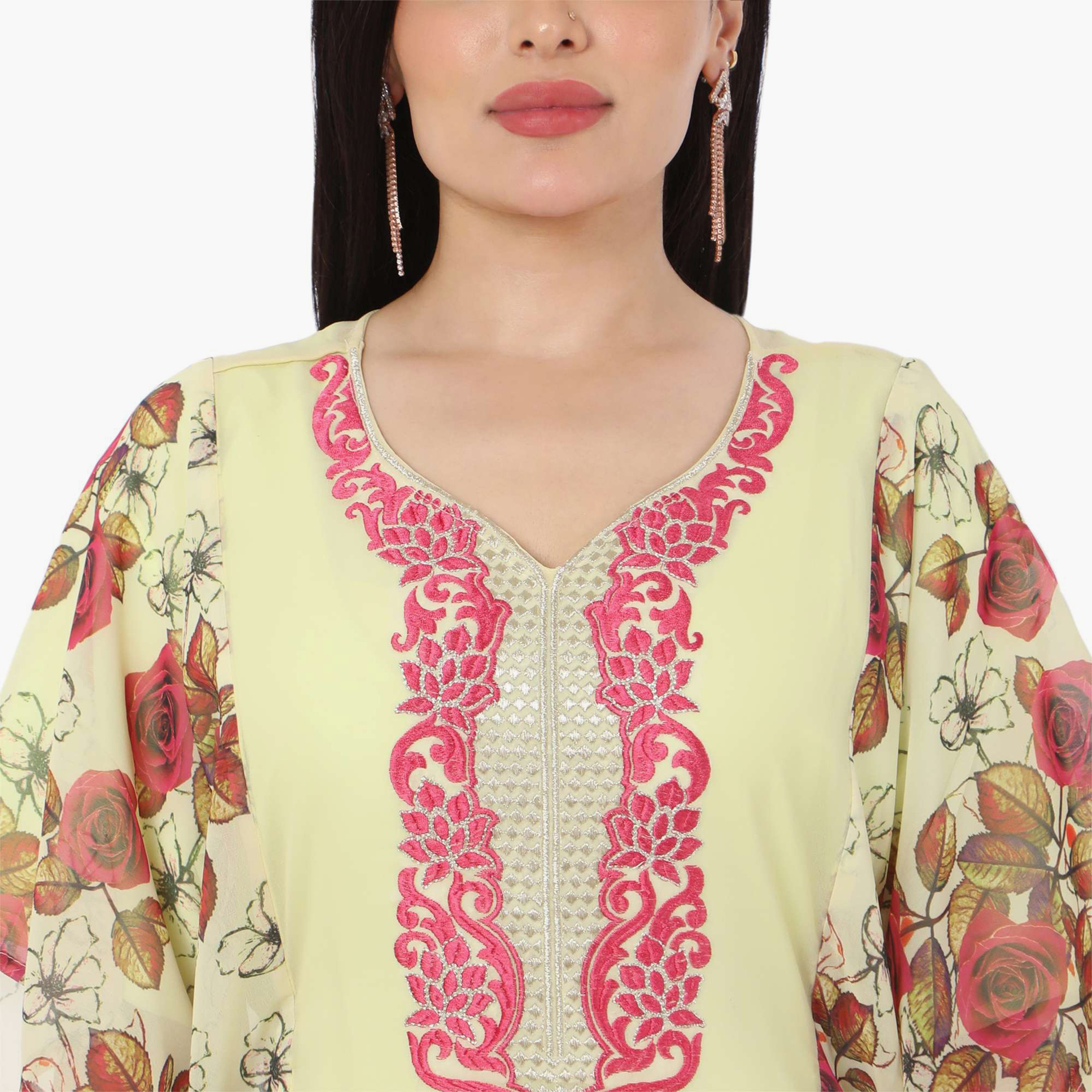 Hana & Sara Floral Embroidered Knot Neck Detail Flared Sleeves Women's Festive Kaftaan-women-arabicclothing-jalabiyas-image-10