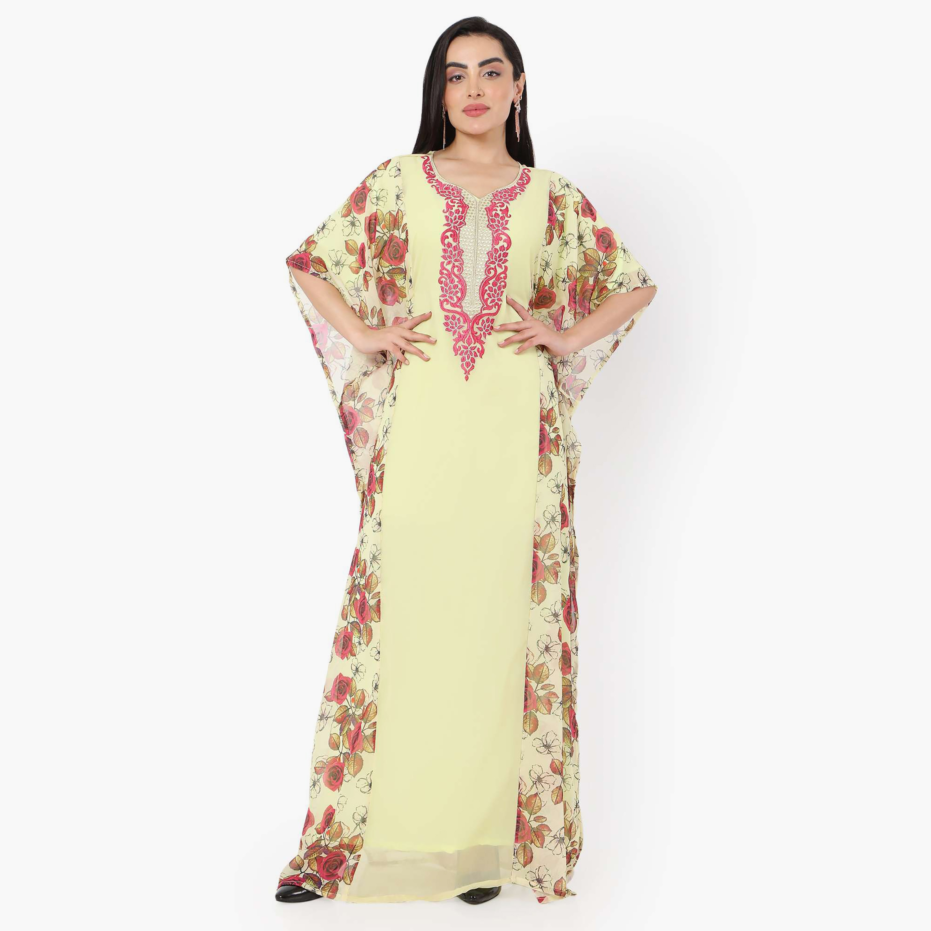 Hana & Sara Floral Embroidered Knot Neck Detail Flared Sleeves Women's Festive Kaftaan-women-arabicclothing-jalabiyas-image-11