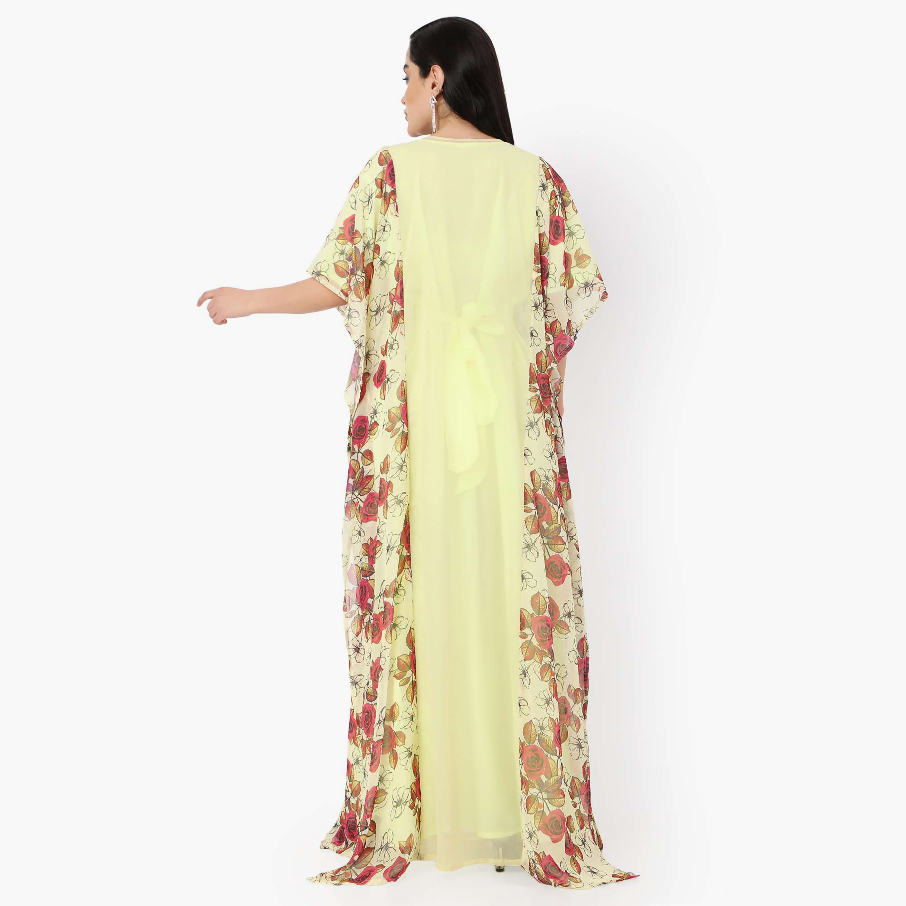 Hana & Sara Floral Embroidered Knot Neck Detail Flared Sleeves Women's Festive Kaftaan-women-arabicclothing-jalabiyas-image-12