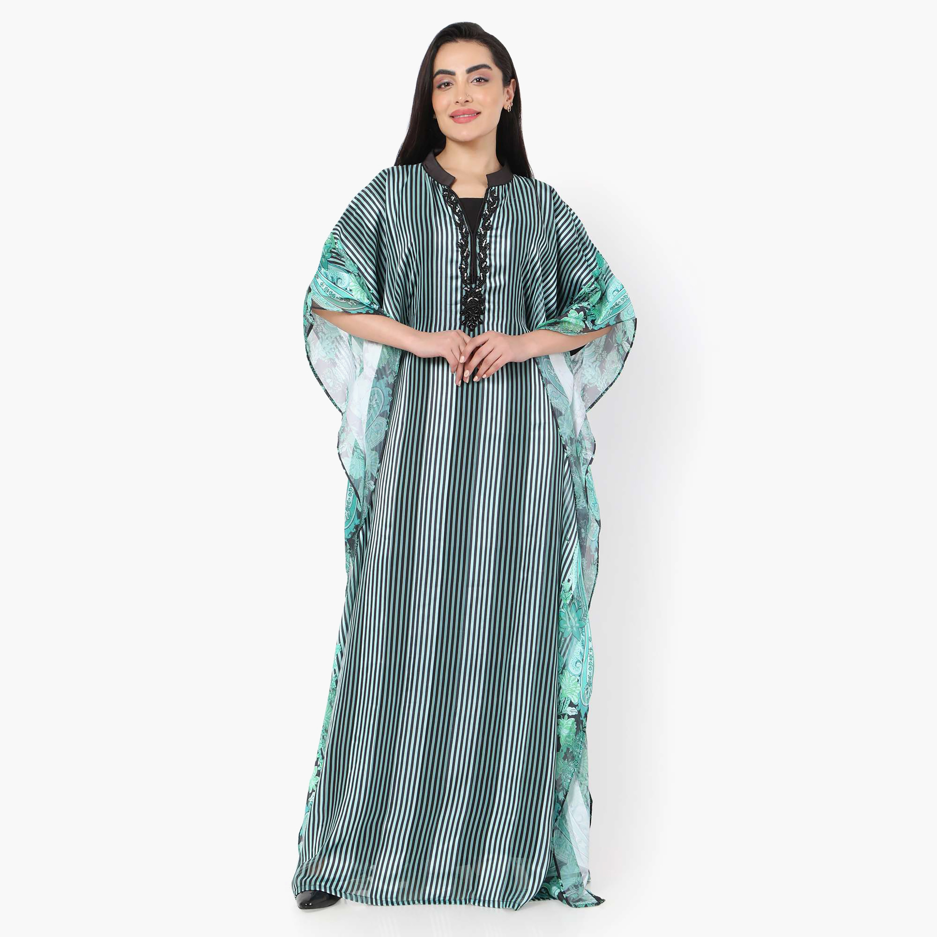 Hana & Sara Striped Collared Beaded Knot Neck Detail Flared Sleeves Women's Festive Kaftaan-women-arabicclothing-jalabiyas-image-3