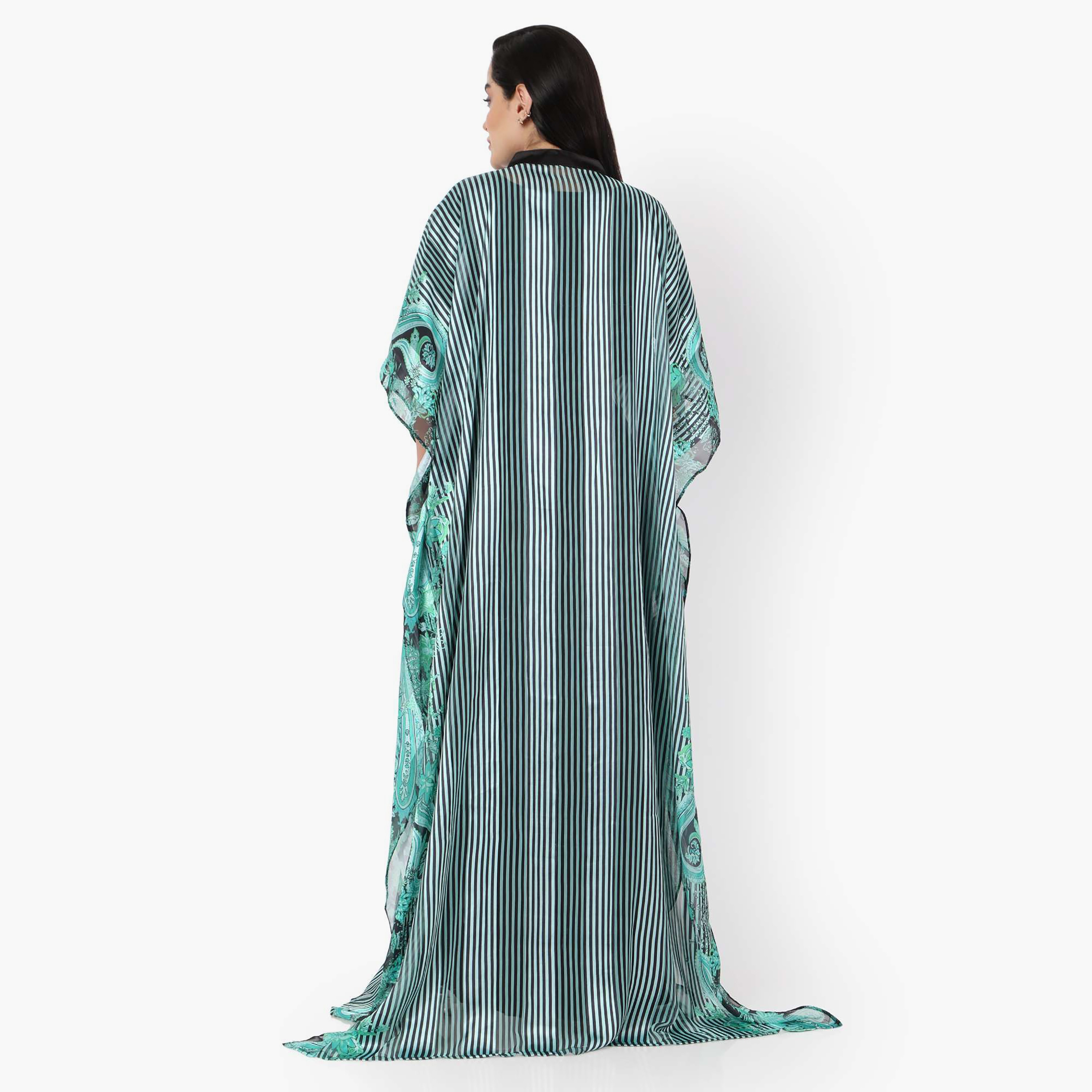 Hana & Sara Striped Collared Beaded Knot Neck Detail Flared Sleeves Women's Festive Kaftaan-women-arabicclothing-jalabiyas-image-4