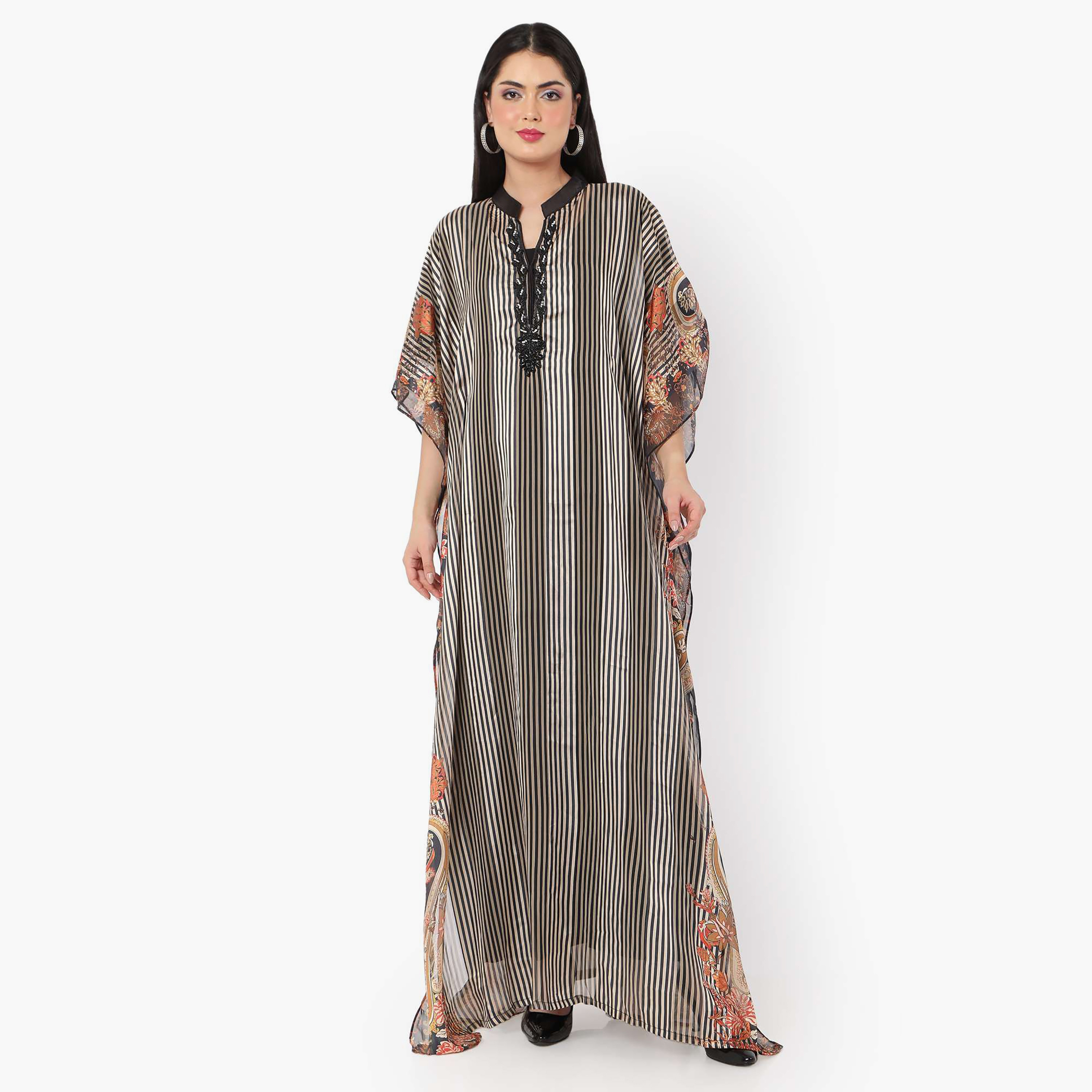 Hana & Sara Striped Collared Beaded Knot Neck Detail Flared Sleeves Women's Festive Kaftaan-women-arabicclothing-jalabiyas-image-5