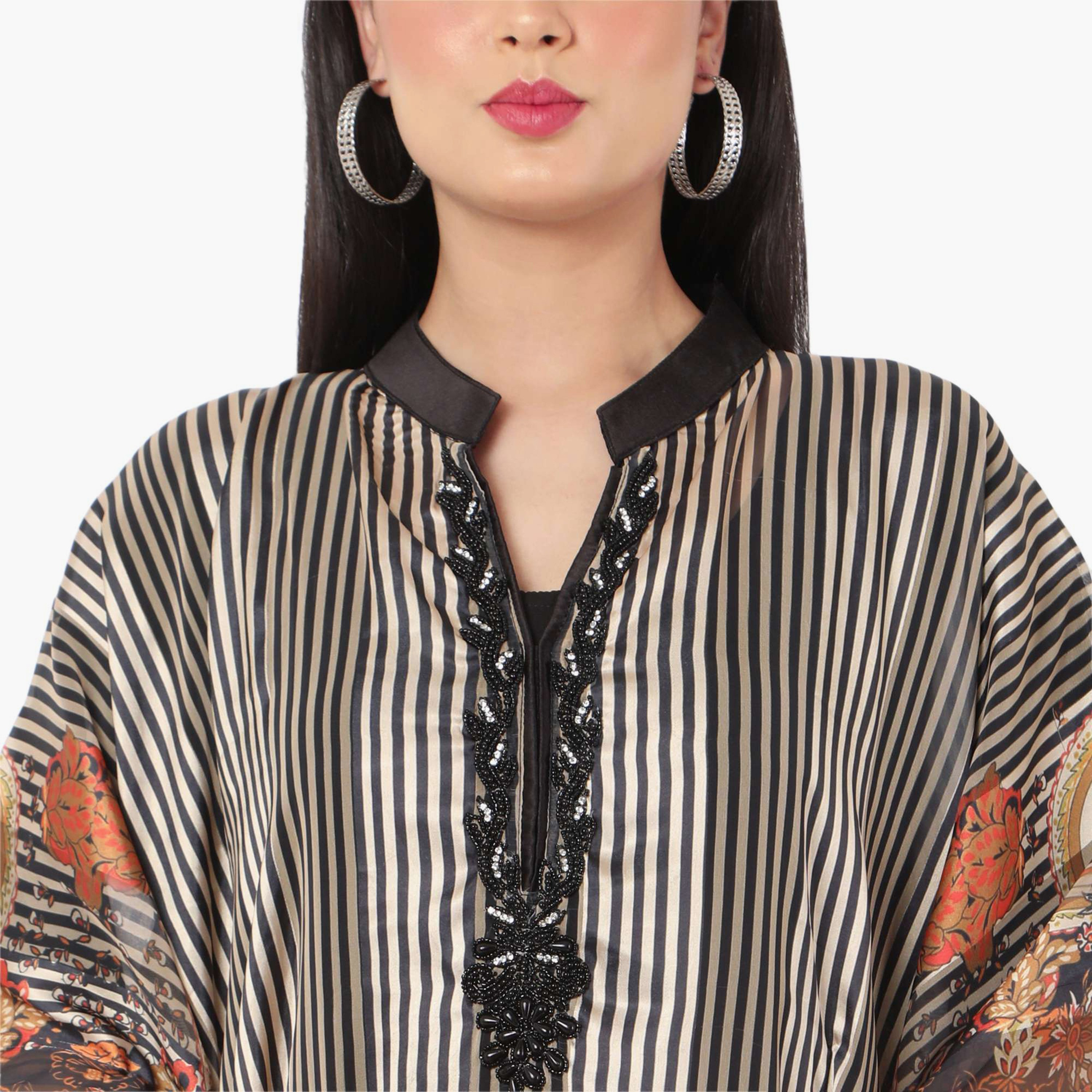Hana & Sara Striped Collared Beaded Knot Neck Detail Flared Sleeves Women's Festive Kaftaan-women-arabicclothing-jalabiyas-image-6