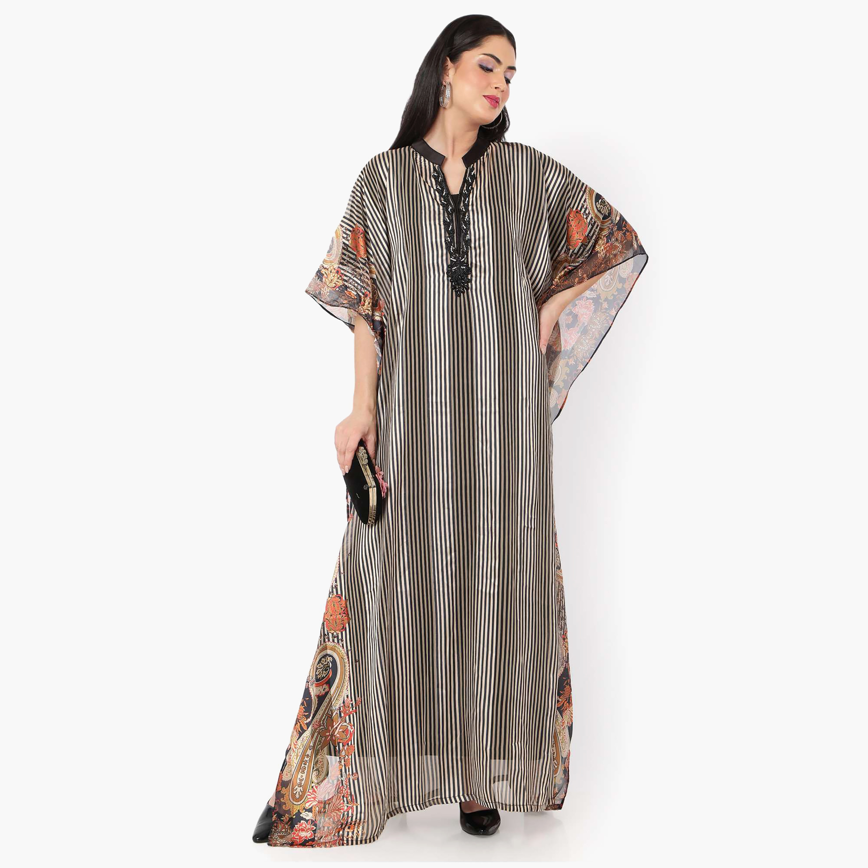 Hana & Sara Striped Collared Beaded Knot Neck Detail Flared Sleeves Women's Festive Kaftaan-women-arabicclothing-jalabiyas-image-7