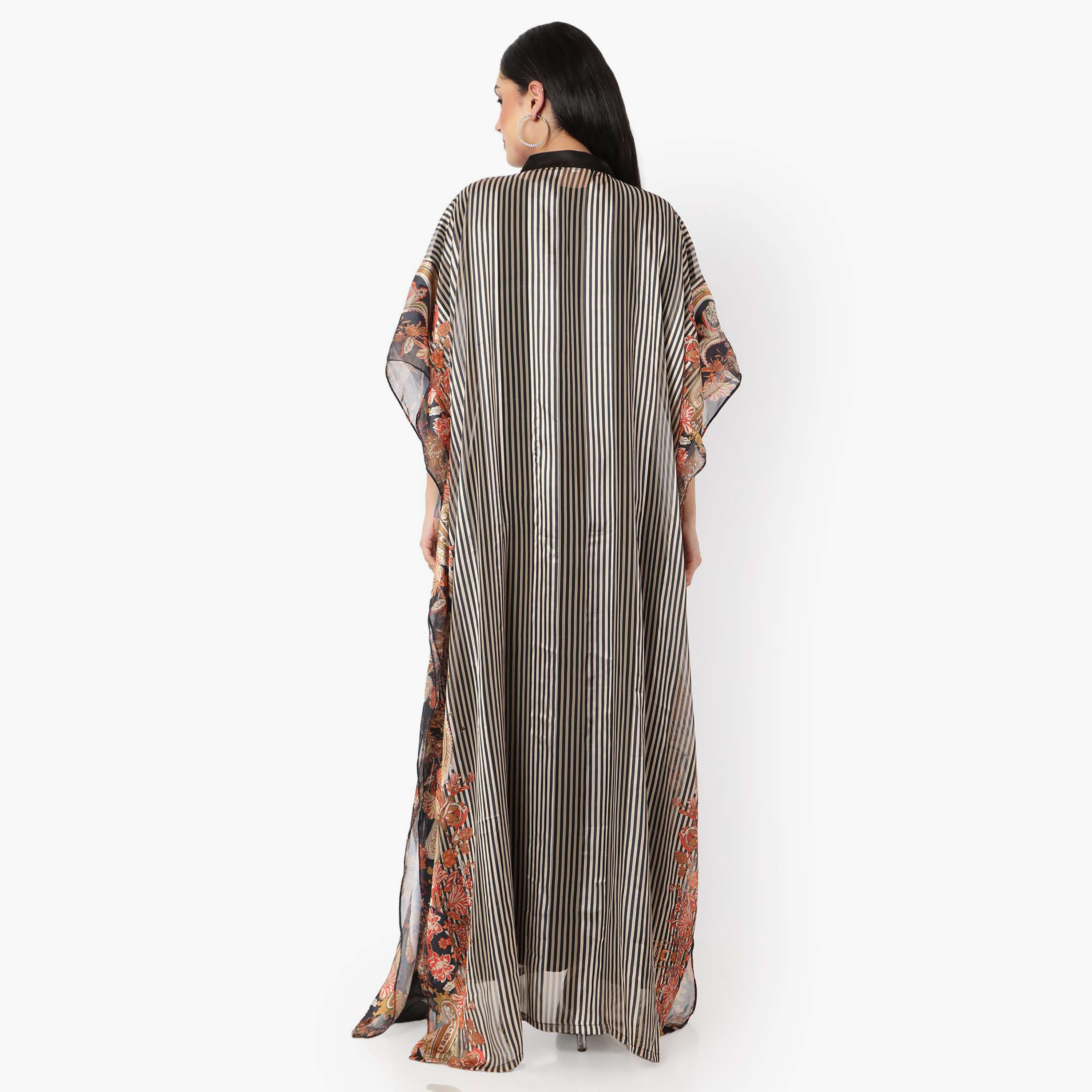 Hana & Sara Striped Collared Beaded Knot Neck Detail Flared Sleeves Women's Festive Kaftaan-women-arabicclothing-jalabiyas-image-8