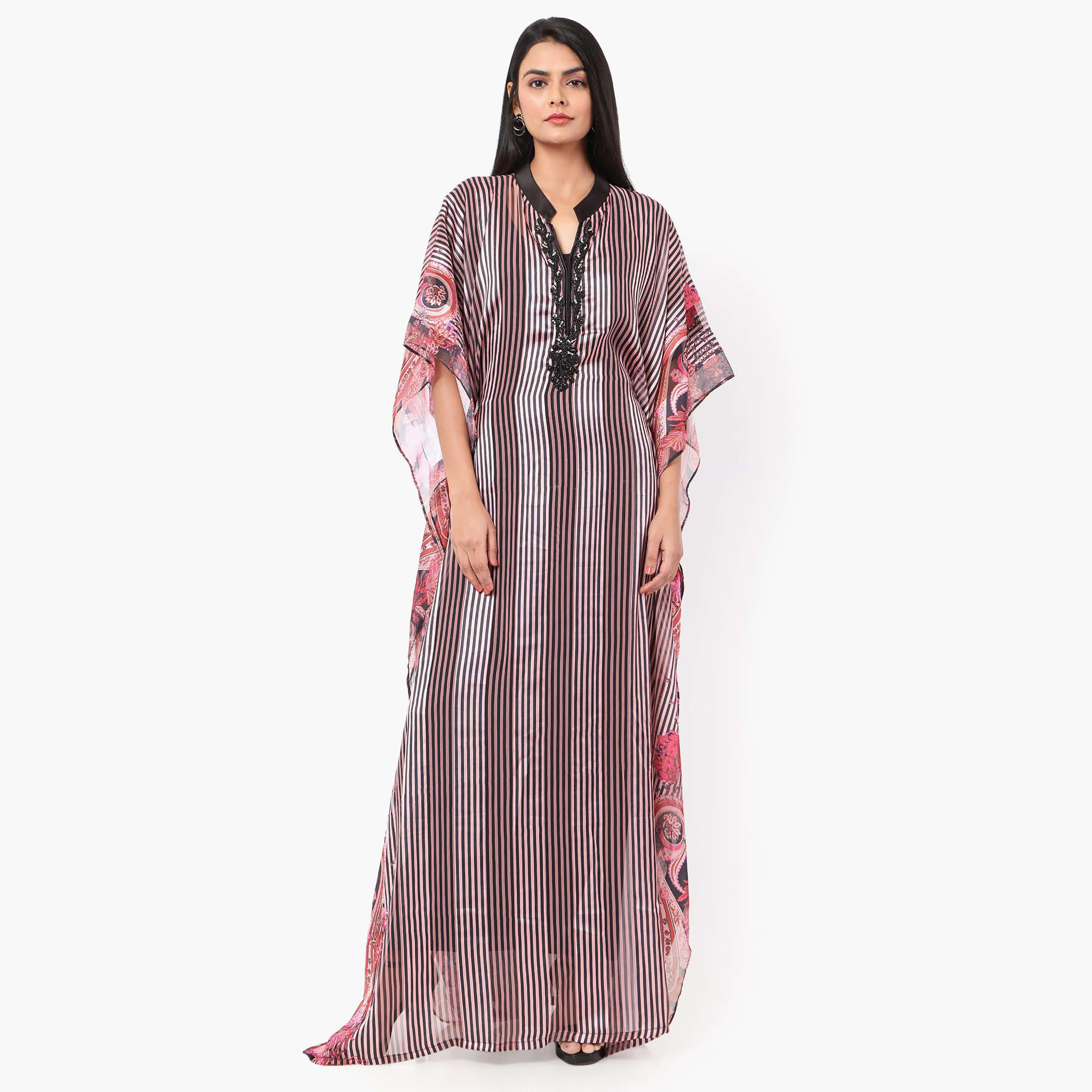 Hana & Sara Striped Collared Beaded Knot Neck Detail Flared Sleeves Women's Festive Kaftaan-women-arabicclothing-jalabiyas-image-9