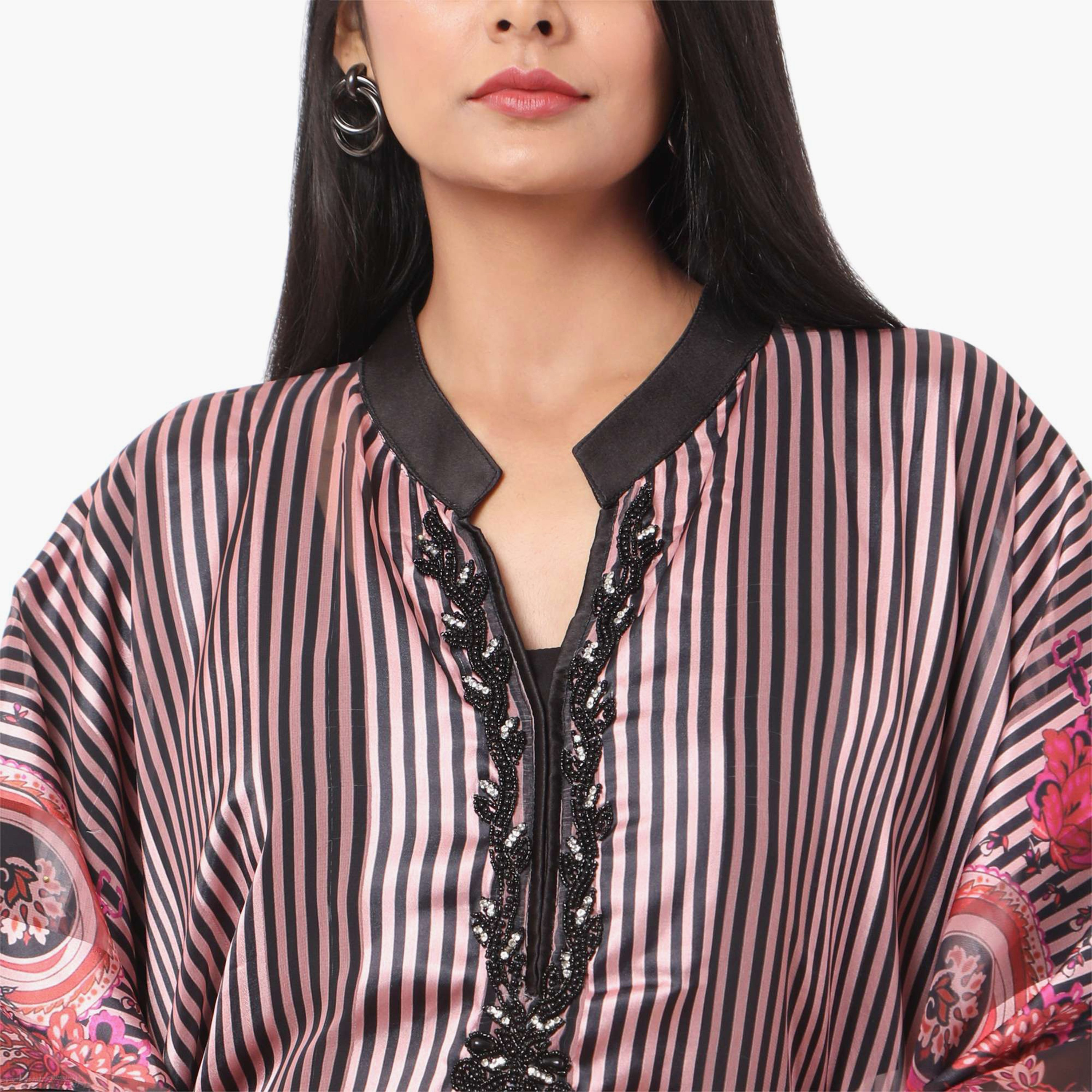 Hana & Sara Striped Collared Beaded Knot Neck Detail Flared Sleeves Women's Festive Kaftaan-women-arabicclothing-jalabiyas-image-10