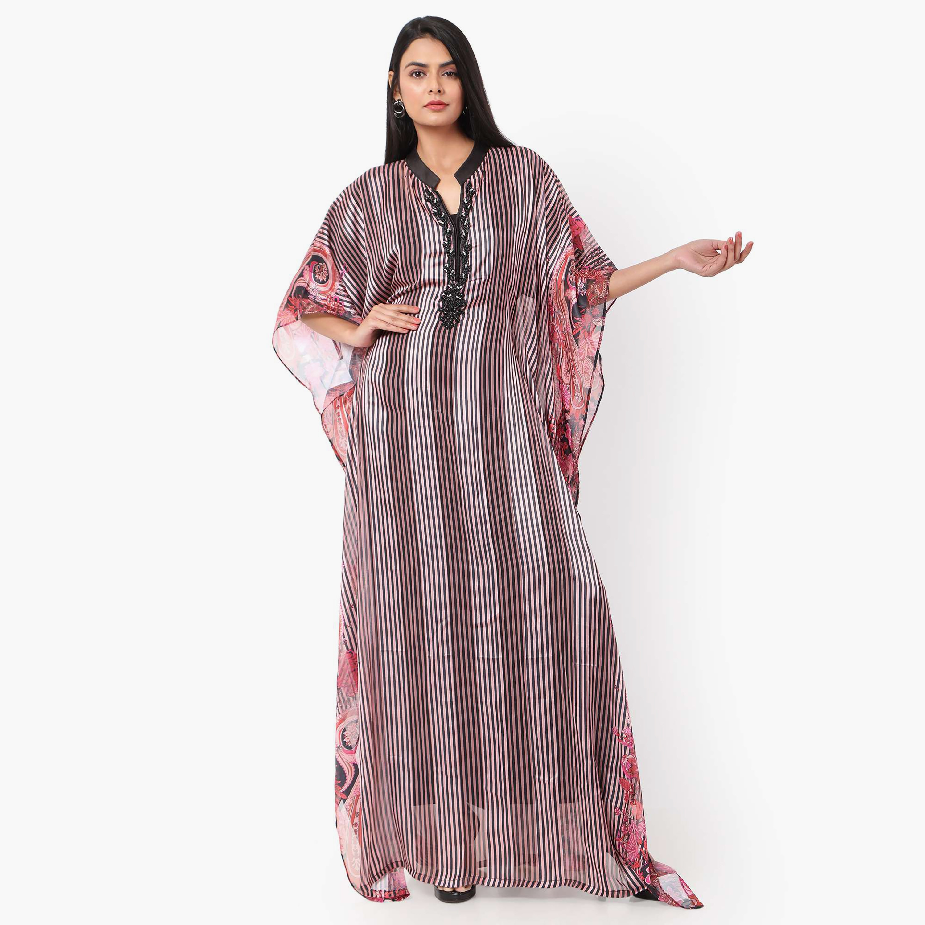 Hana & Sara Striped Collared Beaded Knot Neck Detail Flared Sleeves Women's Festive Kaftaan-women-arabicclothing-jalabiyas-image-11