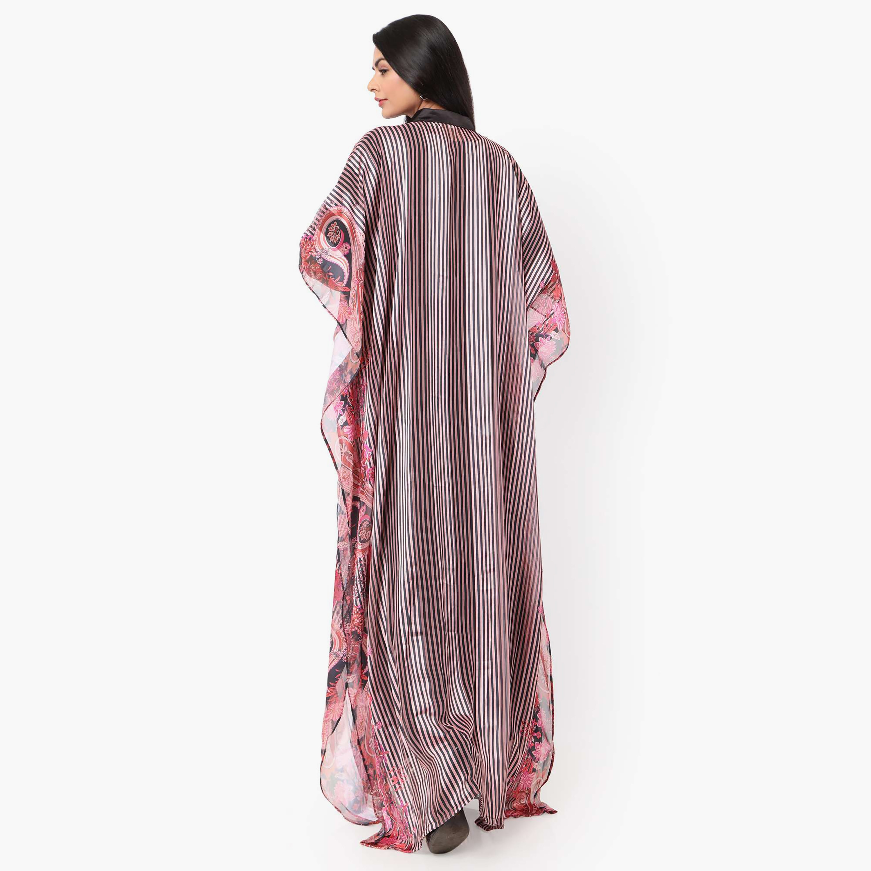 Hana & Sara Striped Collared Beaded Knot Neck Detail Flared Sleeves Women's Festive Kaftaan-women-arabicclothing-jalabiyas-image-12