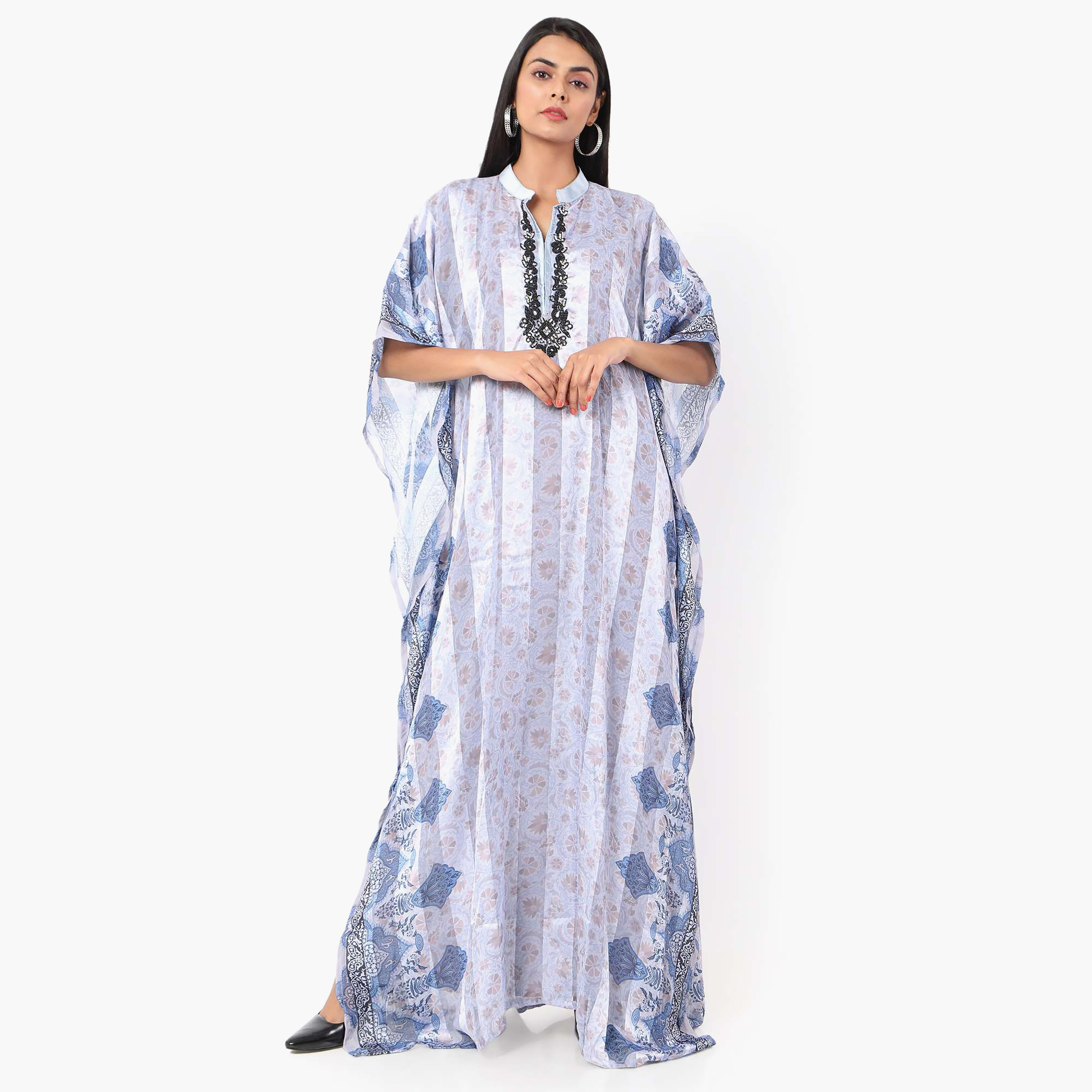 Hana & Sara Floral Collared Beaded Knot Neck Detail Flared Sleeves Women's Festive Kaftaan-women-arabicclothing-jalabiyas-image-1