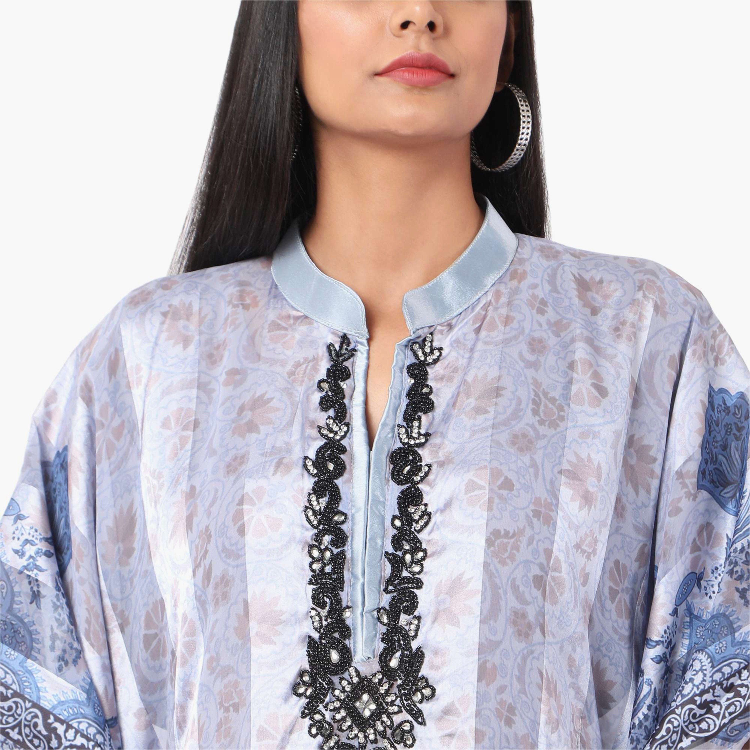 Hana & Sara Floral Collared Beaded Knot Neck Detail Flared Sleeves Women's Festive Kaftaan-women-arabicclothing-jalabiyas-image-2