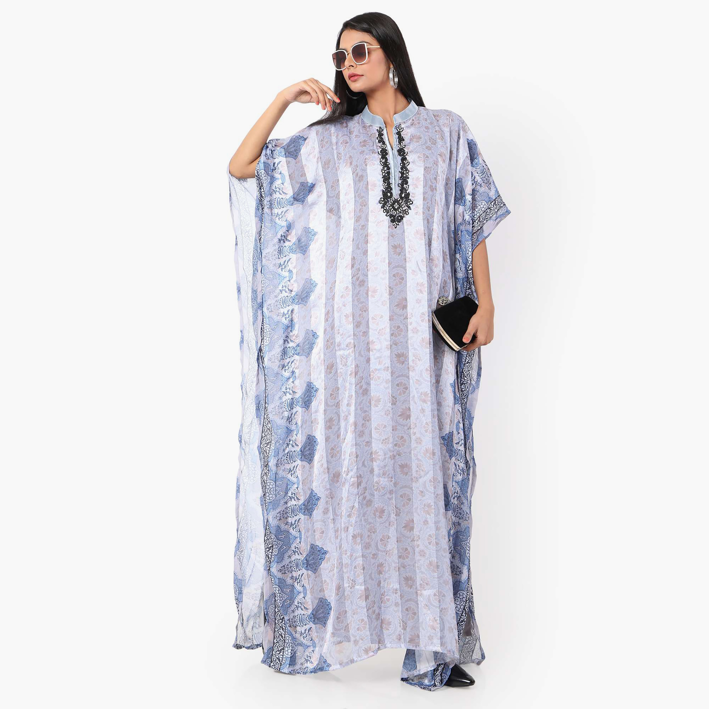 Hana & Sara Floral Collared Beaded Knot Neck Detail Flared Sleeves Women's Festive Kaftaan-women-arabicclothing-jalabiyas-image-3