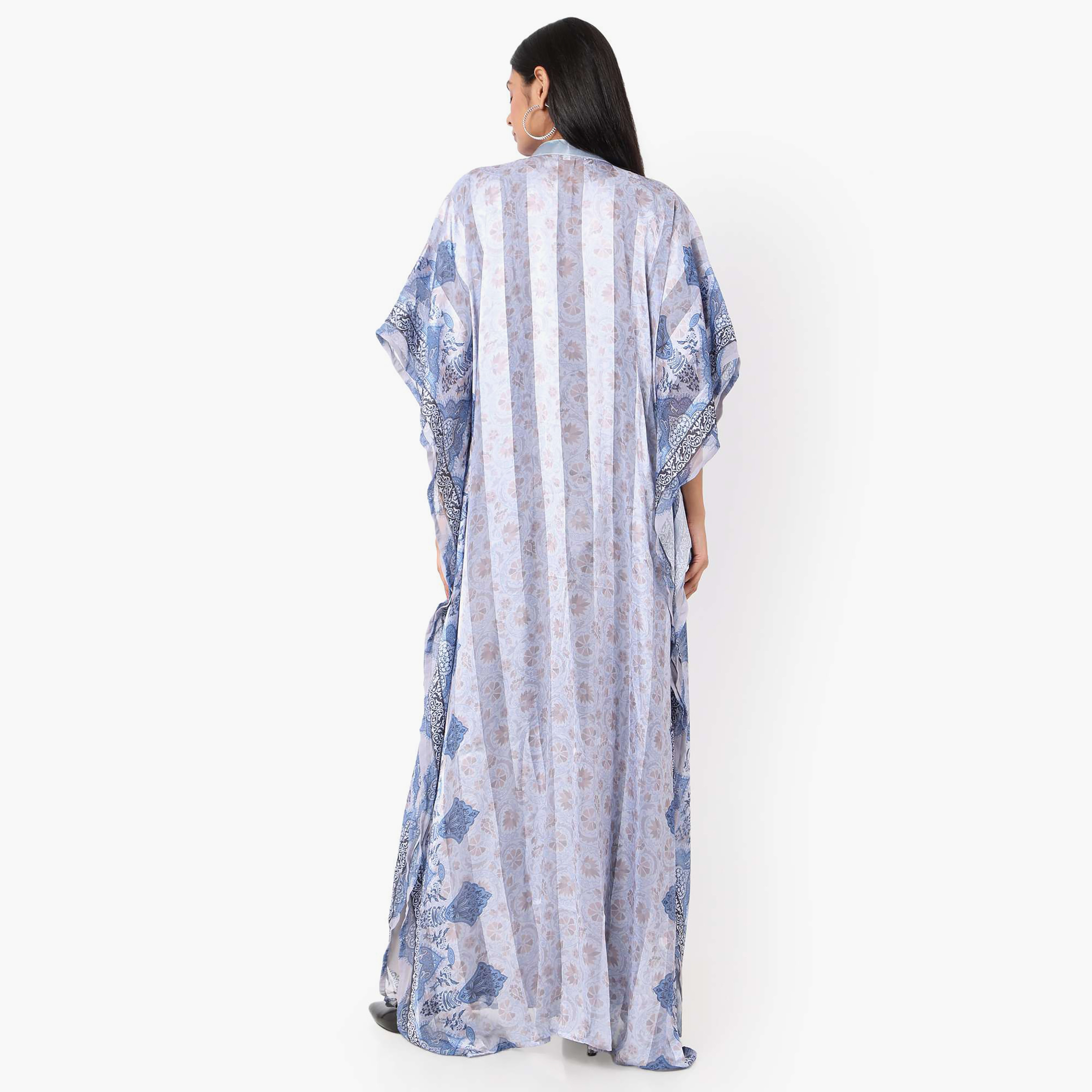 Hana & Sara Floral Collared Beaded Knot Neck Detail Flared Sleeves Women's Festive Kaftaan-women-arabicclothing-jalabiyas-image-4