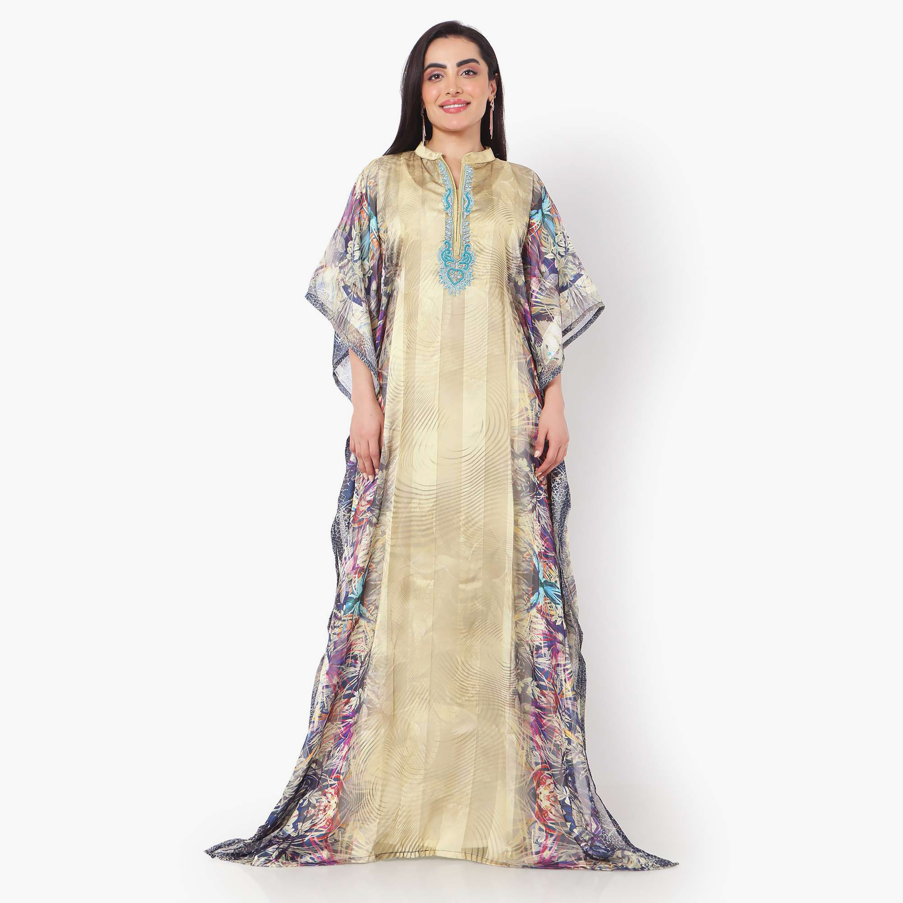 Hana & Sara Printed Collared Beaded Knot Neck Detail Flared Sleeves Women's Festive Kaftaan-women-arabicclothing-jalabiyas-image-9