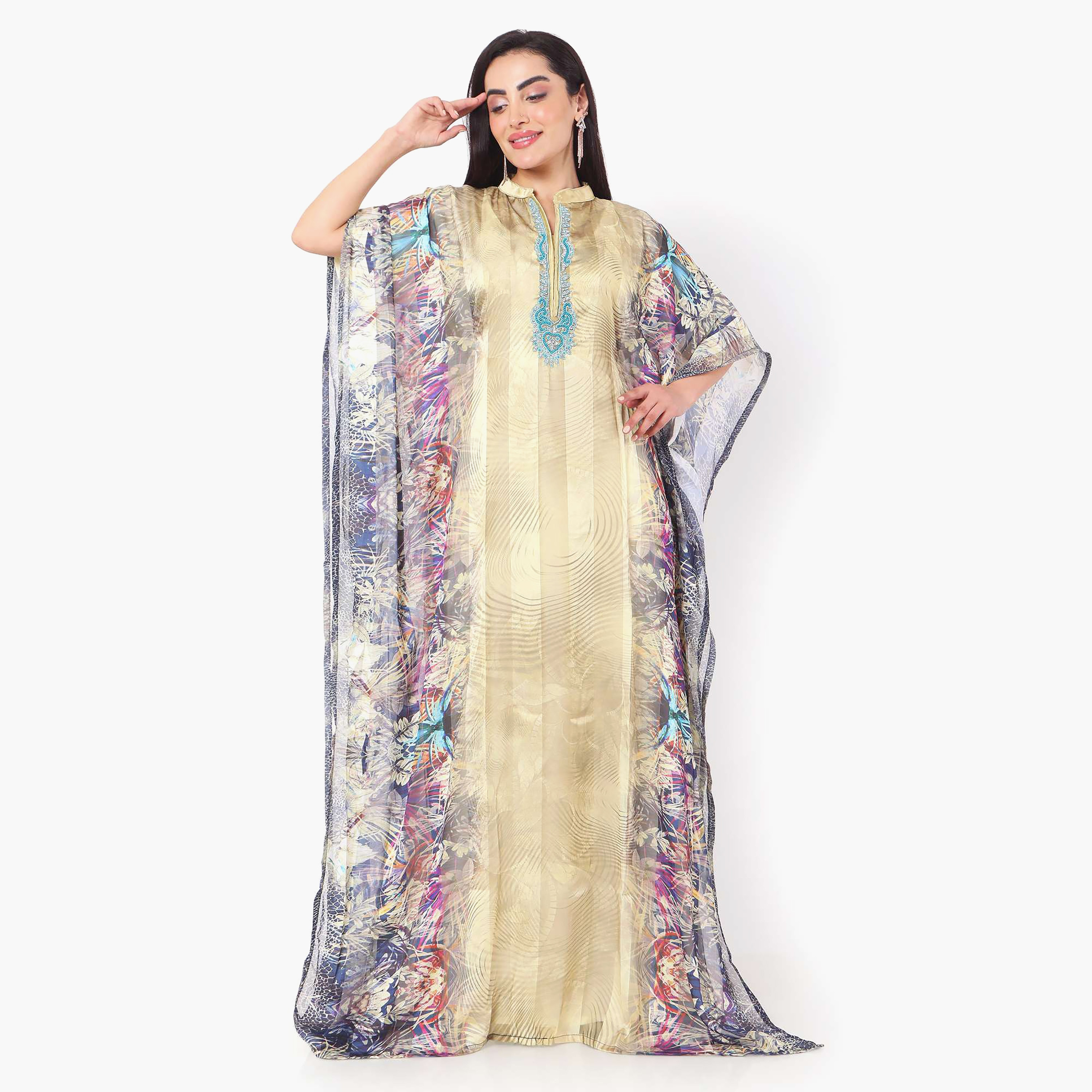 Hana & Sara Printed Collared Beaded Knot Neck Detail Flared Sleeves Women's Festive Kaftaan-women-arabicclothing-jalabiyas-image-10