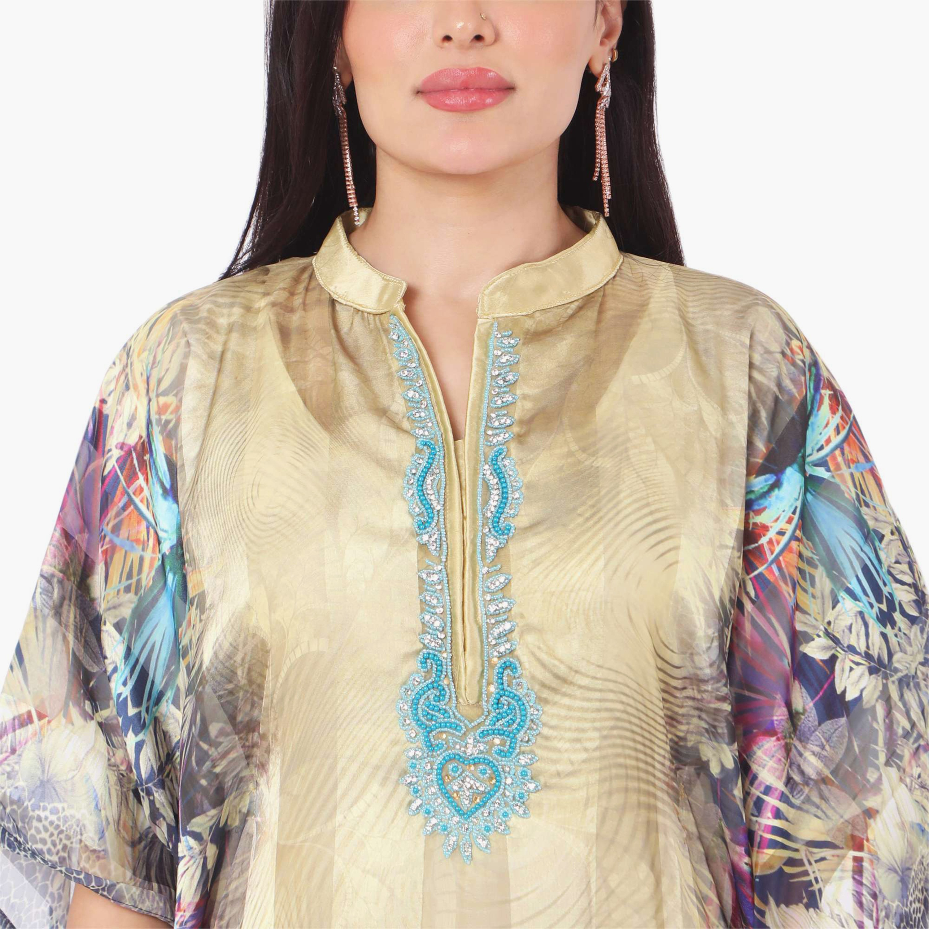 Hana & Sara Printed Collared Beaded Knot Neck Detail Flared Sleeves Women's Festive Kaftaan-women-arabicclothing-jalabiyas-image-11