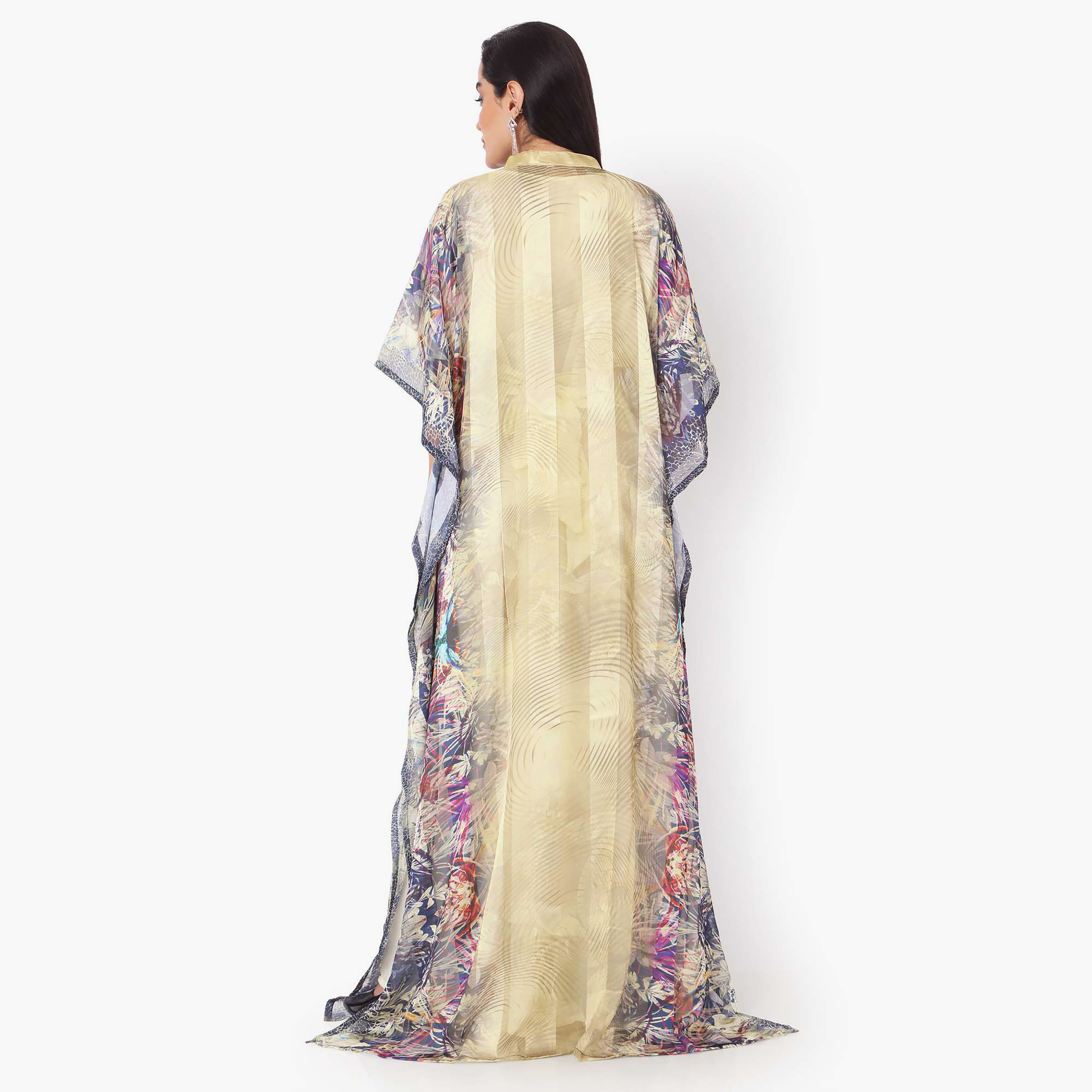 Hana & Sara Printed Collared Beaded Knot Neck Detail Flared Sleeves Women's Festive Kaftaan-women-arabicclothing-jalabiyas-image-12
