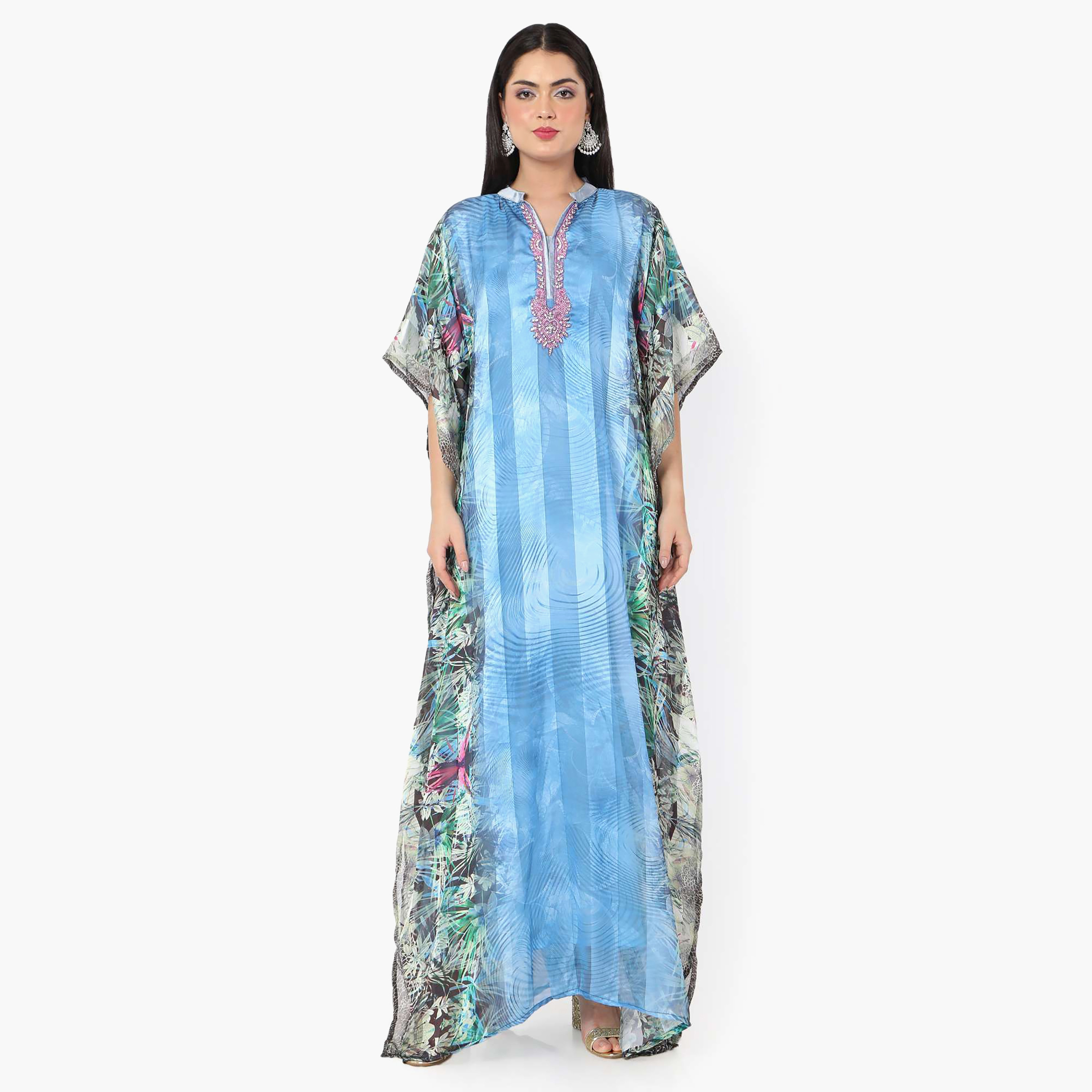 Hana & Sara Printed Collared Beaded Knot Neck Detail Flared Sleeves Women's Festive Kaftaan-women-arabicclothing-jalabiyas-image-1