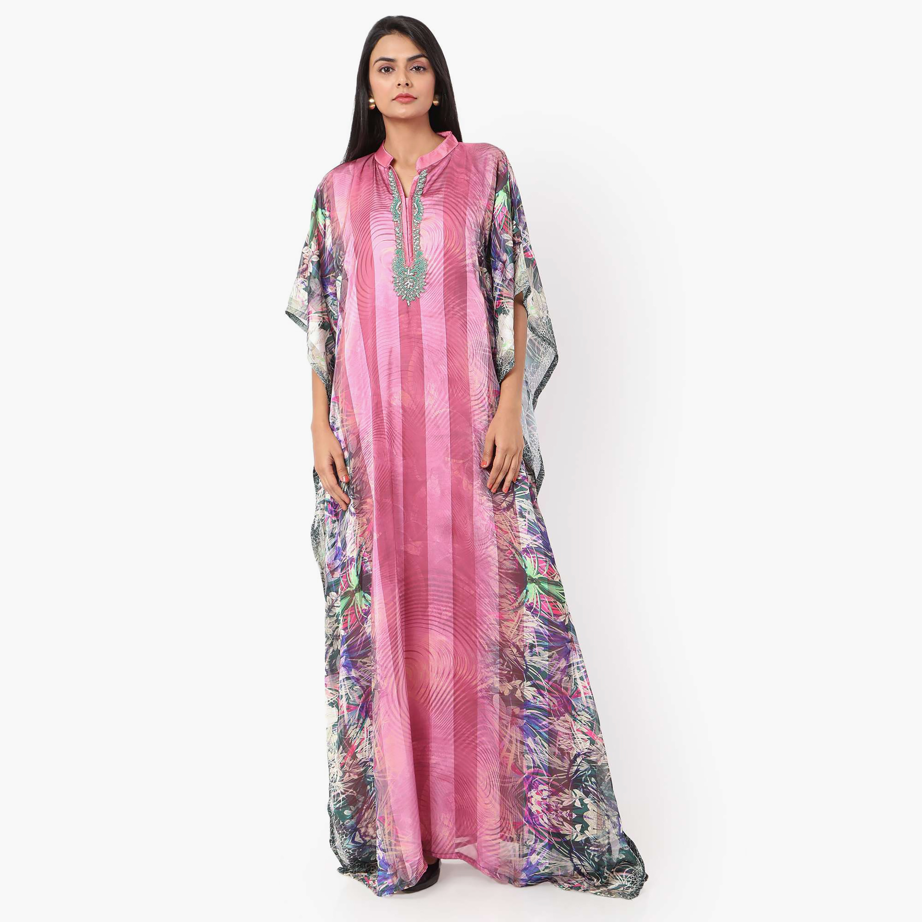 Hana & Sara Printed Collared Beaded Knot Neck Detail Flared Sleeves Women's Festive Kaftaan-women-arabicclothing-jalabiyas-image-5