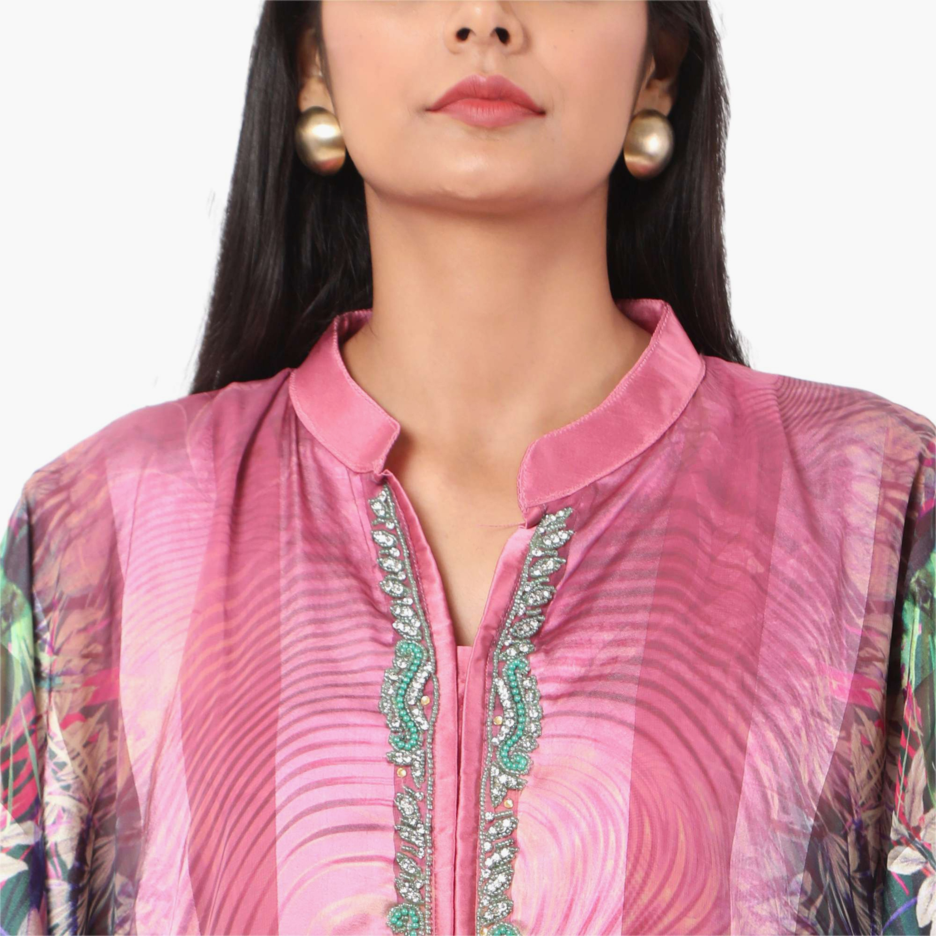 Hana & Sara Printed Collared Beaded Knot Neck Detail Flared Sleeves Women's Festive Kaftaan-women-arabicclothing-jalabiyas-image-6