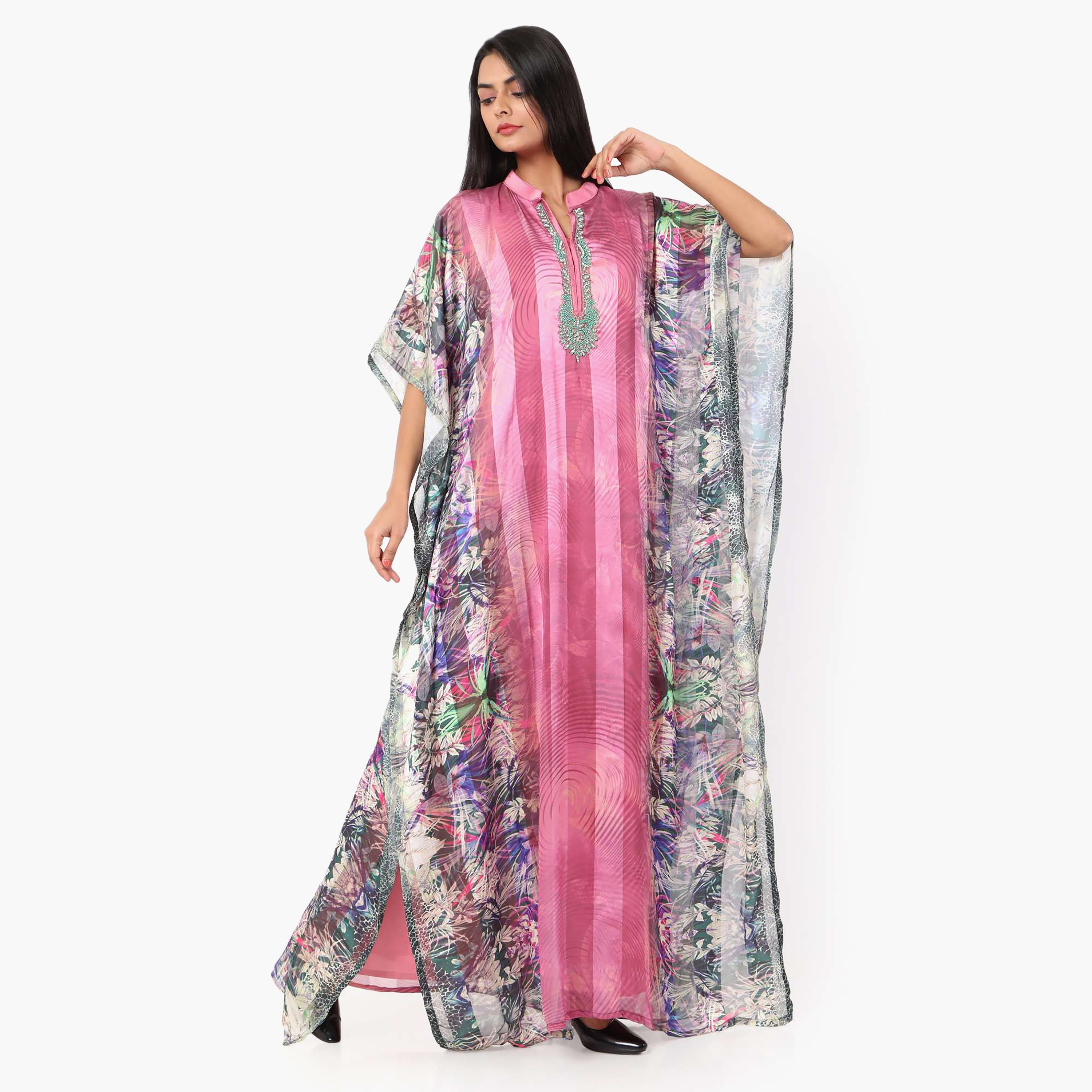 Hana & Sara Printed Collared Beaded Knot Neck Detail Flared Sleeves Women's Festive Kaftaan-women-arabicclothing-jalabiyas-image-7