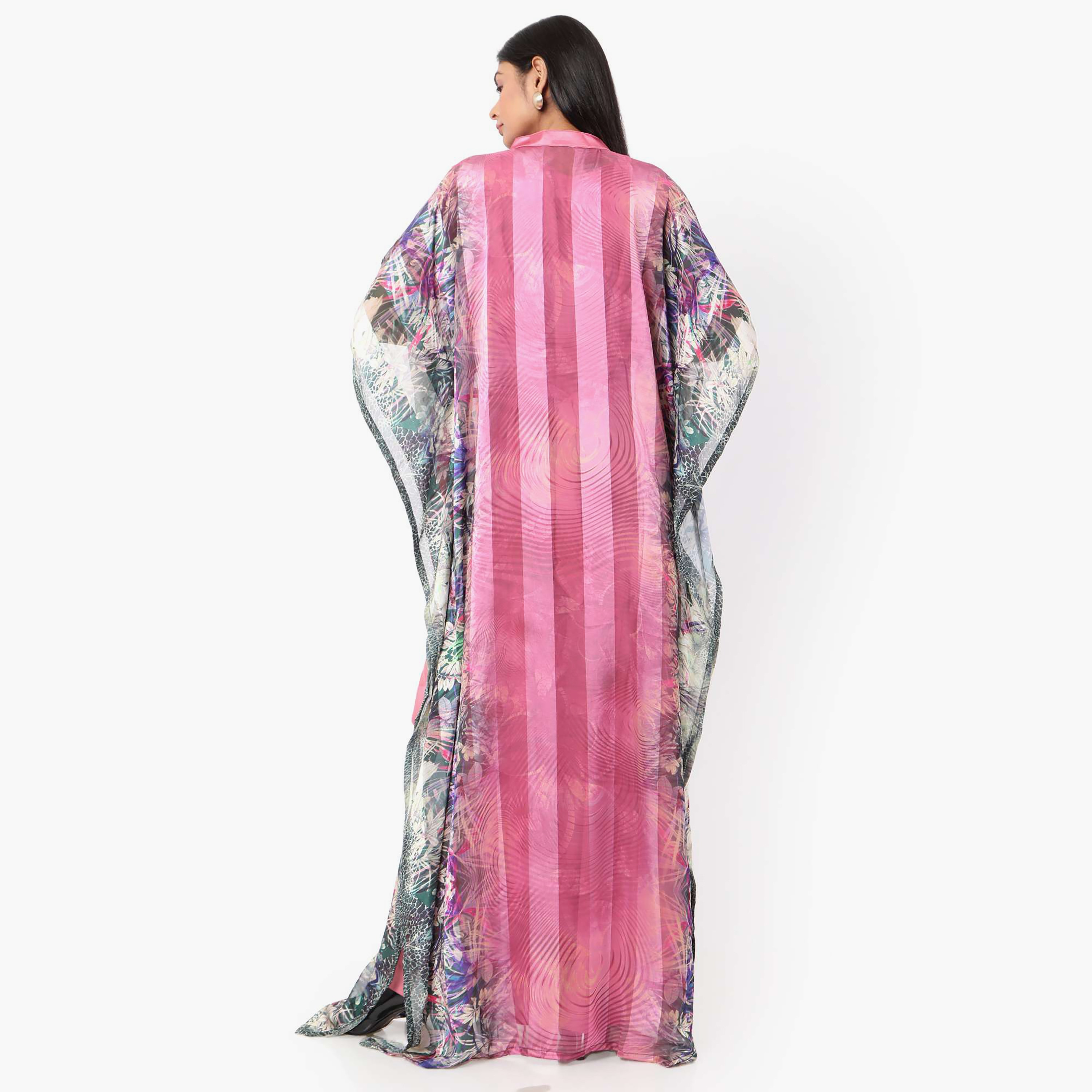Hana & Sara Printed Collared Beaded Knot Neck Detail Flared Sleeves Women's Festive Kaftaan-women-arabicclothing-jalabiyas-image-8