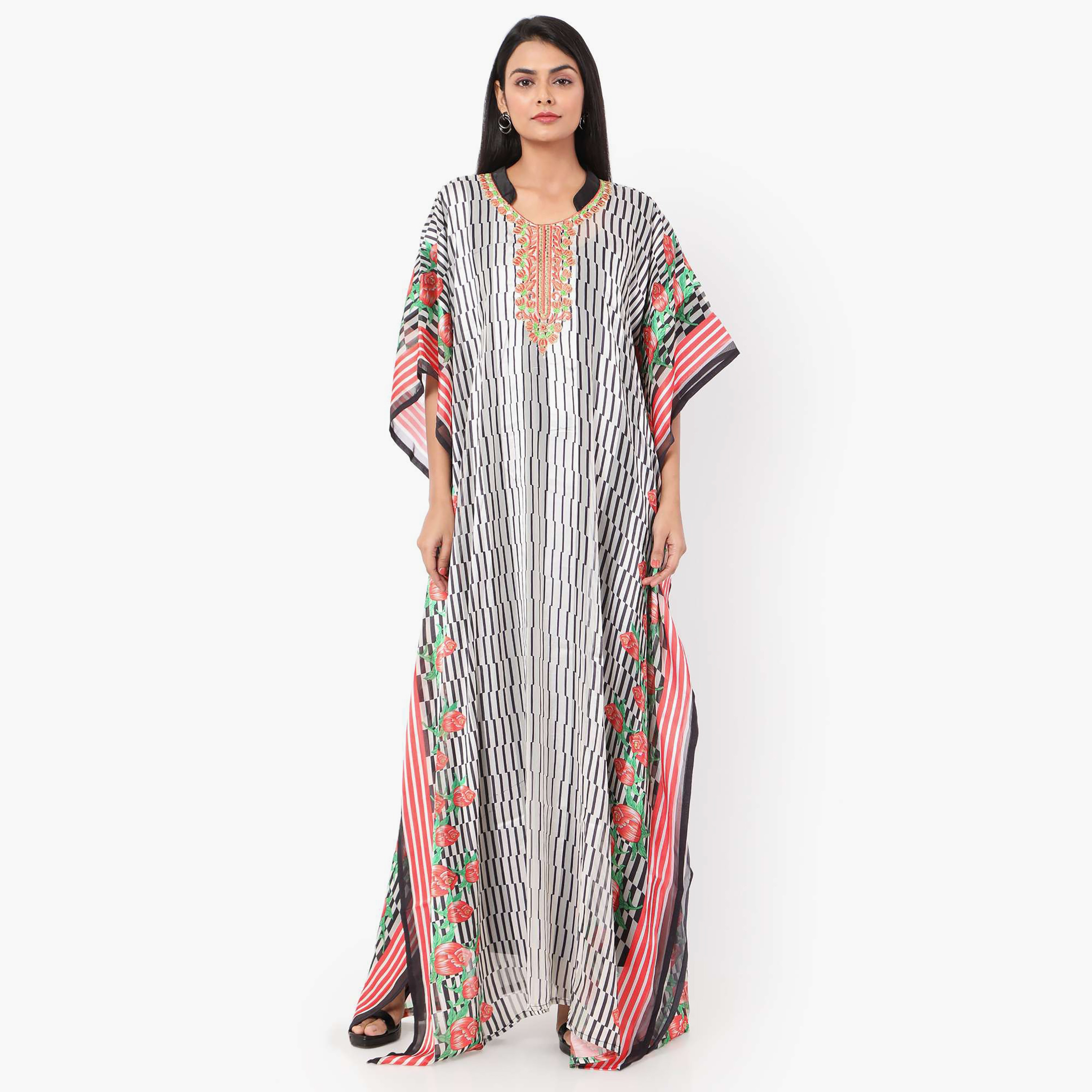 Hana & Sara Striped Collared Embroidered Knot Neck Detail Flared Sleeves Women's Festive Kaftaan-women-arabicclothing-jalabiyas-image-1