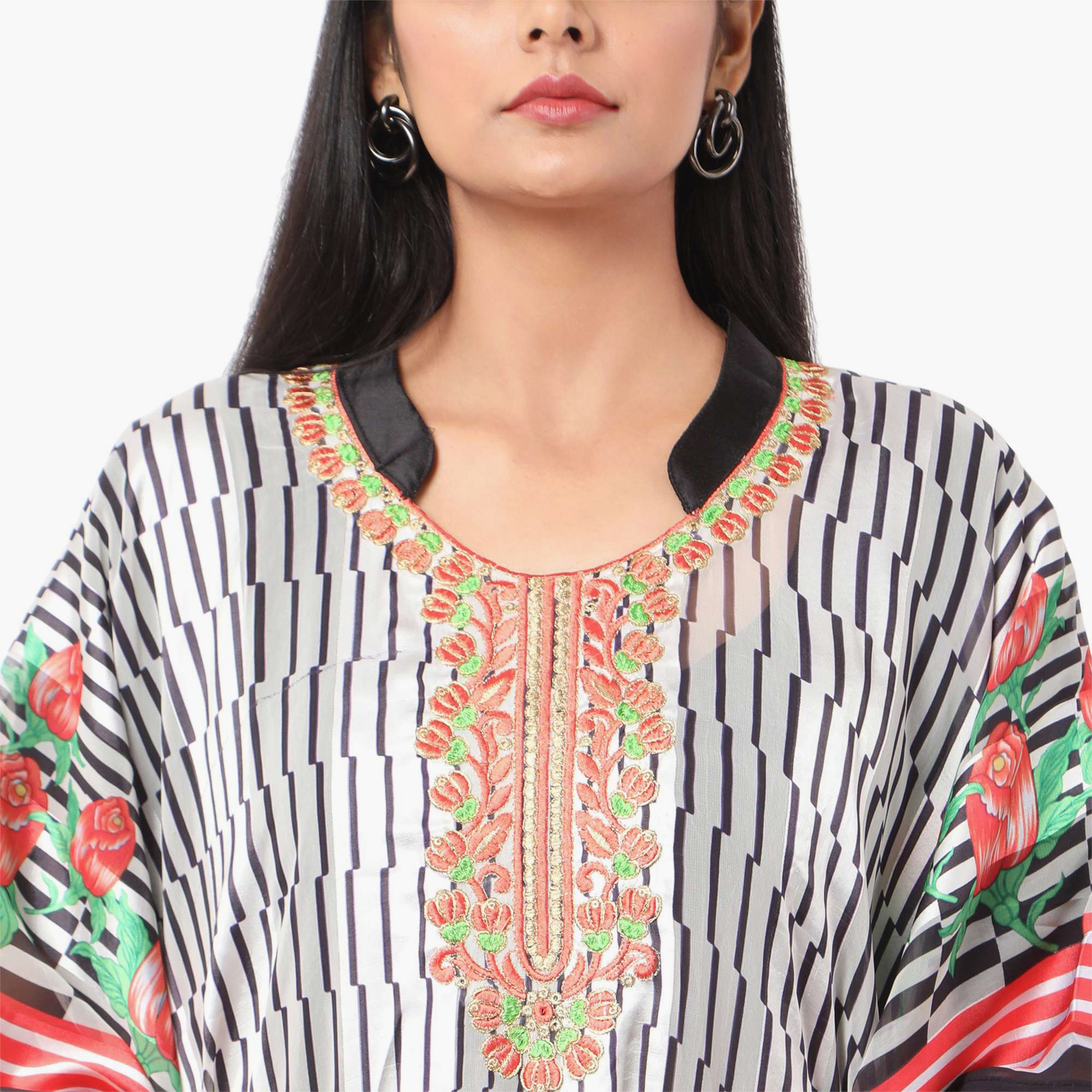 Hana & Sara Striped Collared Embroidered Knot Neck Detail Flared Sleeves Women's Festive Kaftaan-women-arabicclothing-jalabiyas-image-2