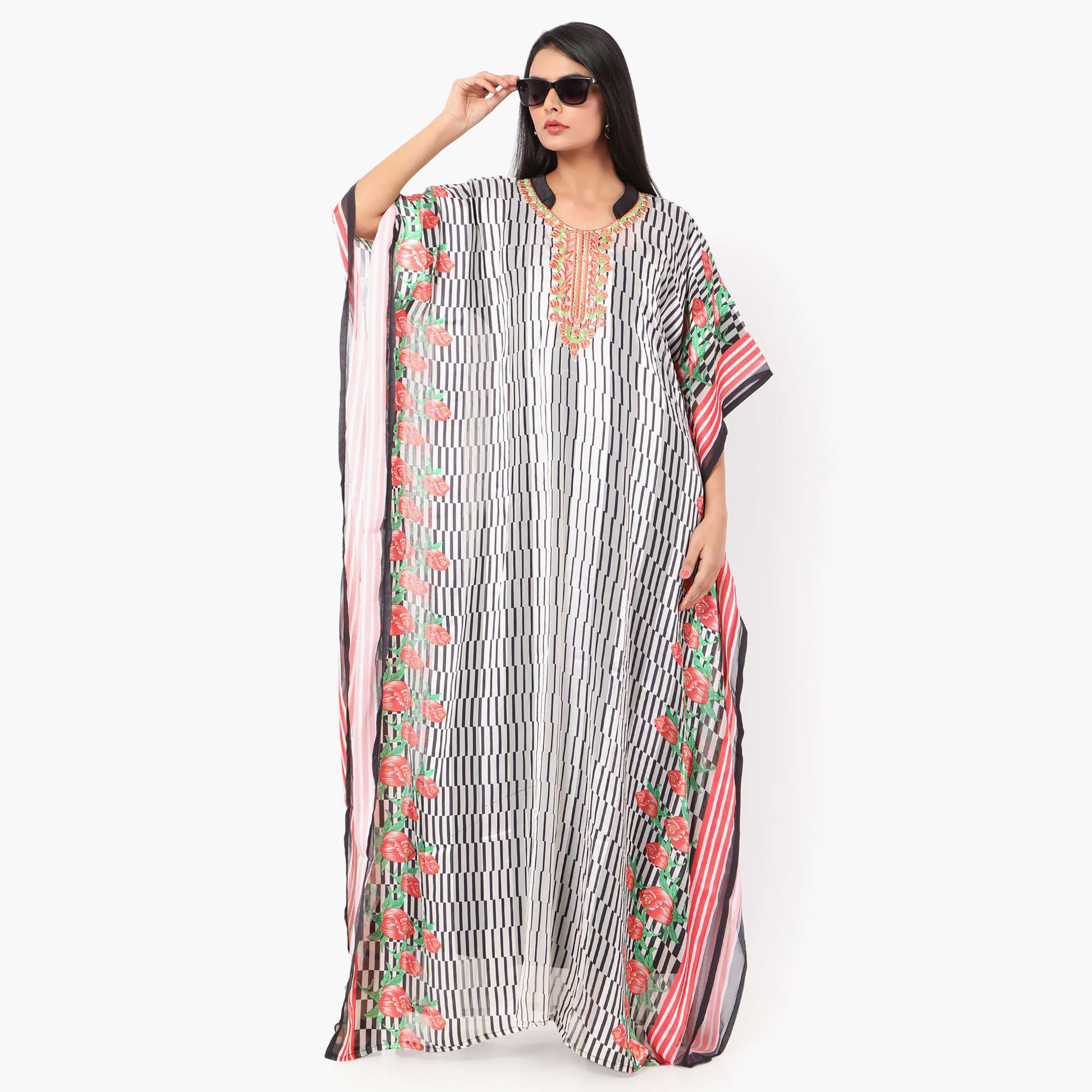 Hana & Sara Striped Collared Embroidered Knot Neck Detail Flared Sleeves Women's Festive Kaftaan-women-arabicclothing-jalabiyas-image-3