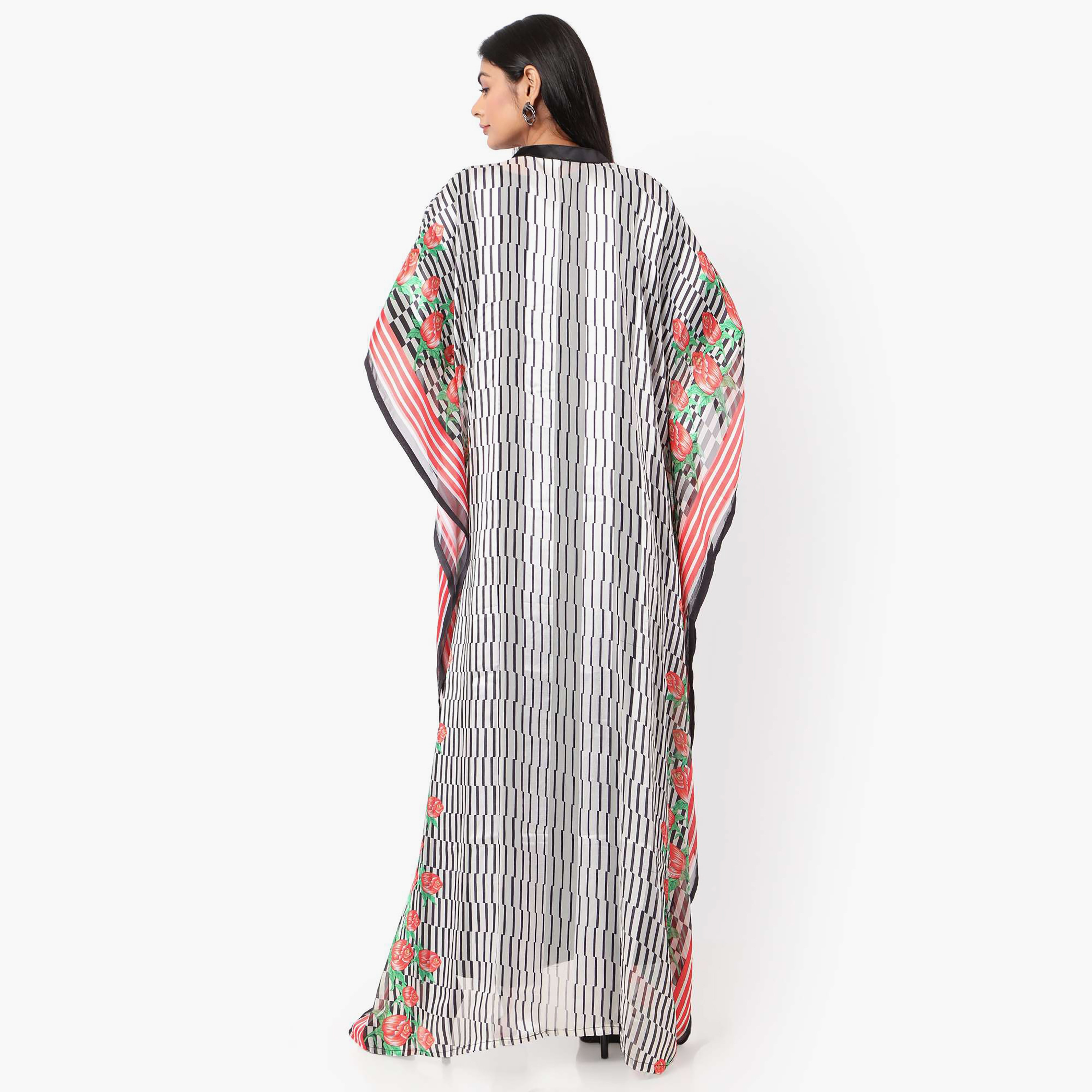 Hana & Sara Striped Collared Embroidered Knot Neck Detail Flared Sleeves Women's Festive Kaftaan-women-arabicclothing-jalabiyas-image-4